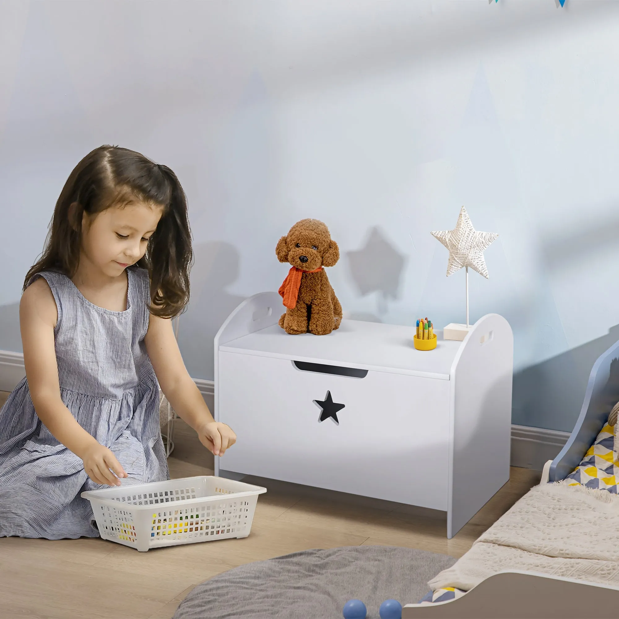 Wooden Toy Storage Chest for Children (62x40x46.5cm) in White with Safety Hinges - Image 2