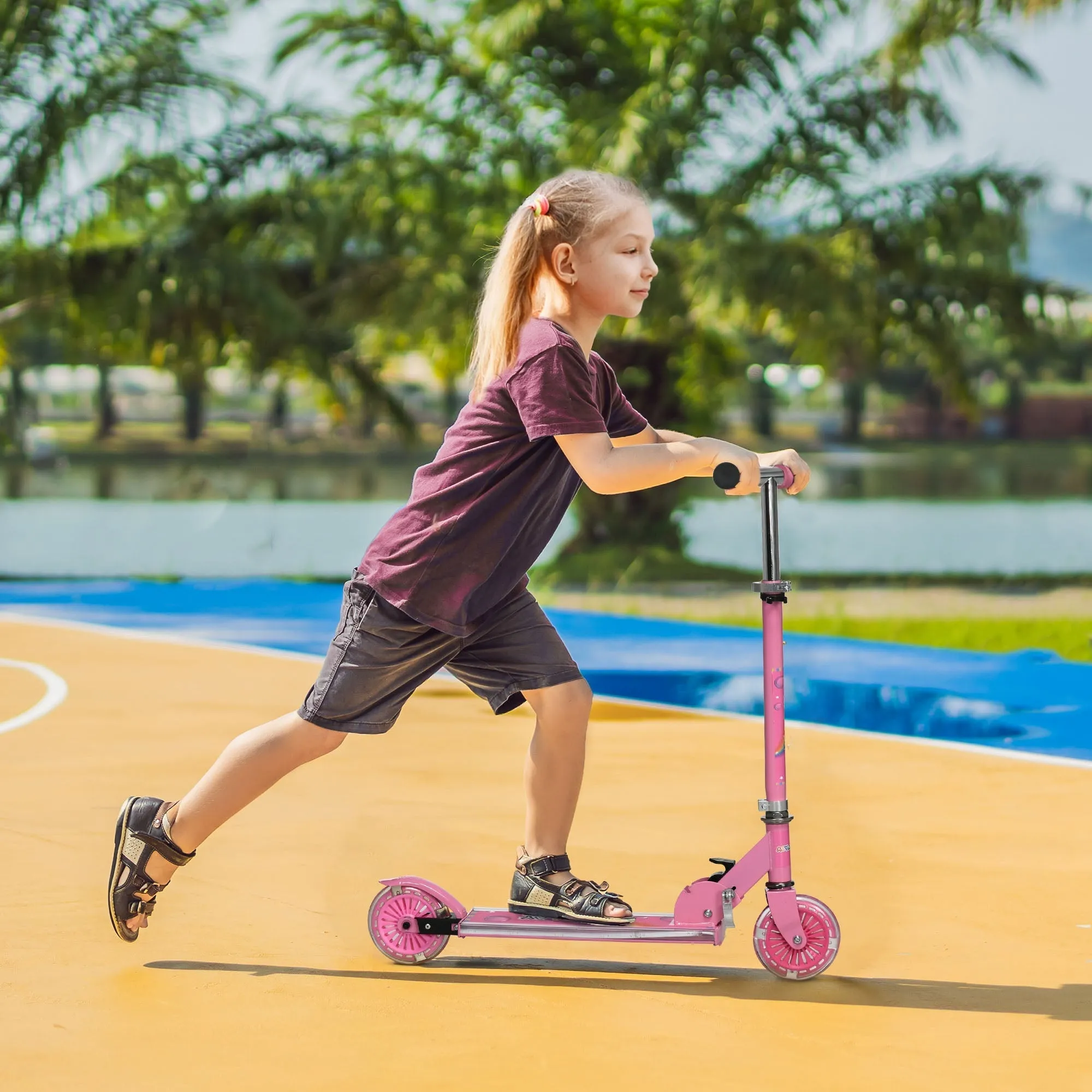 Children's Scooter 3-7 Years Foldable 2 Wheels and Adjustable Height, 67x30x63/68/73/76 cm, Pink - Image 2