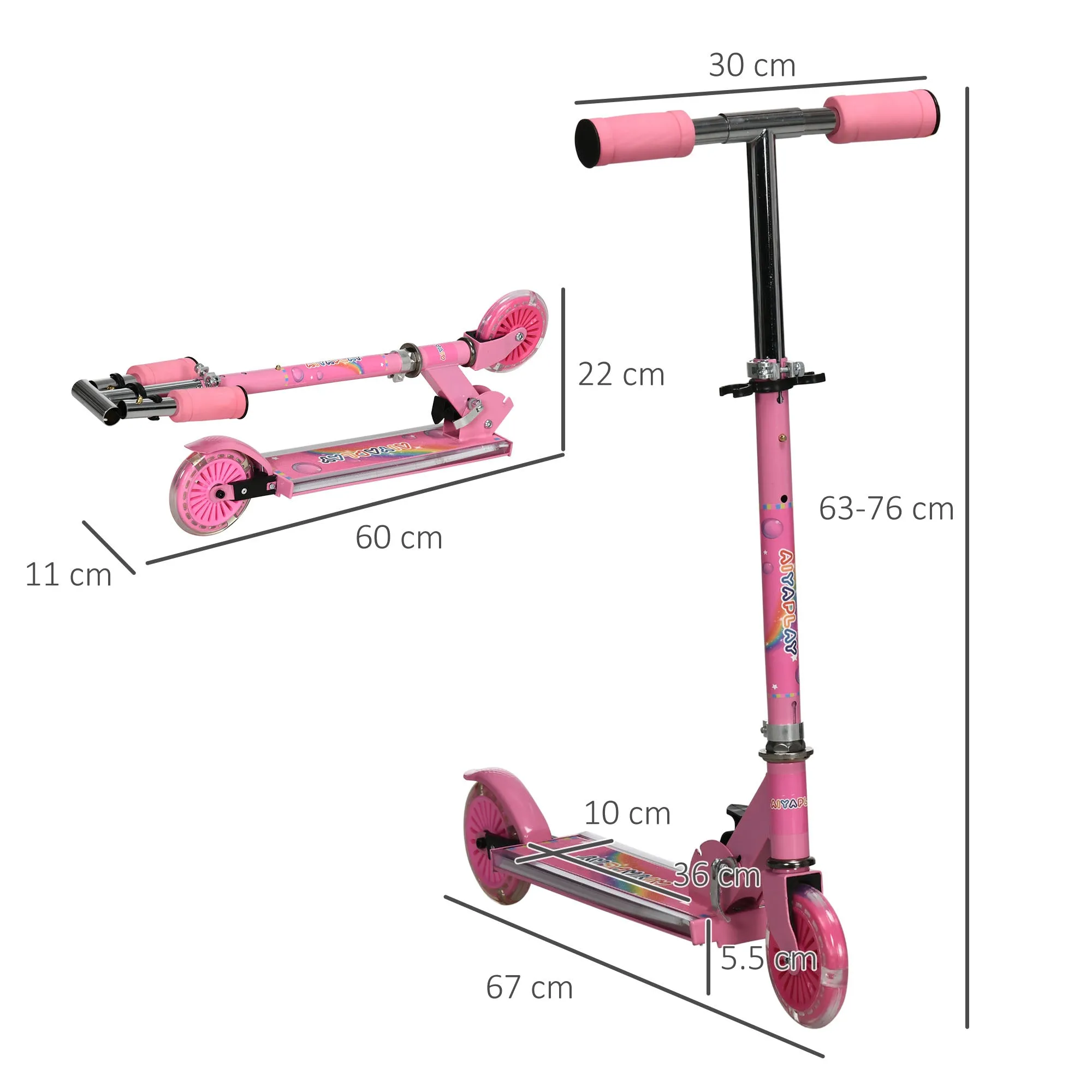 Children's Scooter 3-7 Years Foldable 2 Wheels and Adjustable Height, 67x30x63/68/73/76 cm, Pink - Image 3