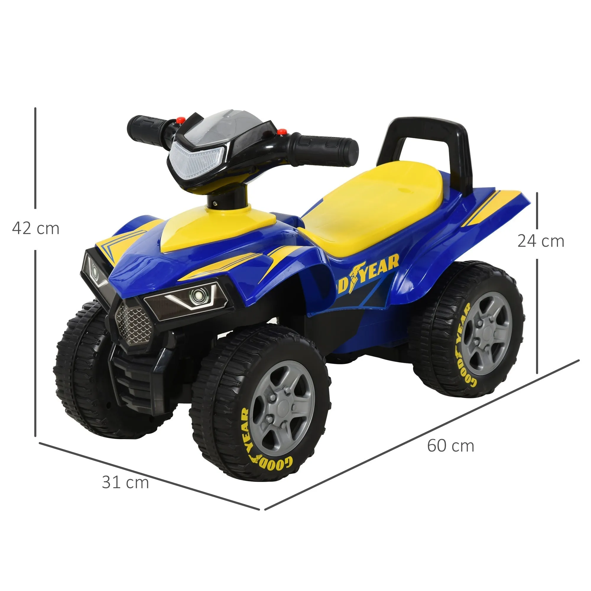 quad toys for children 18-36 months with goodyear license with realistic lights and sounds, blue and yellow, 60x31x42cm - Image 3