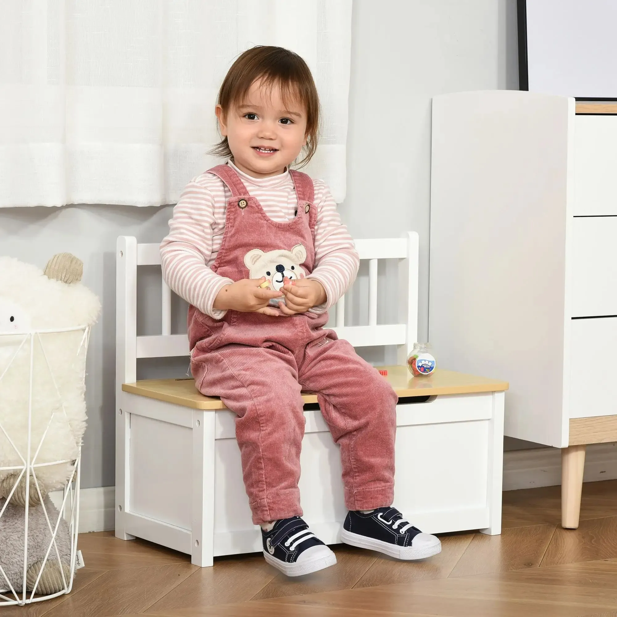 2 in 1 Wooden Children's Storage Chest with Piston for Safe Closing, 60x30x50cm White and Natural Wood - Image 2