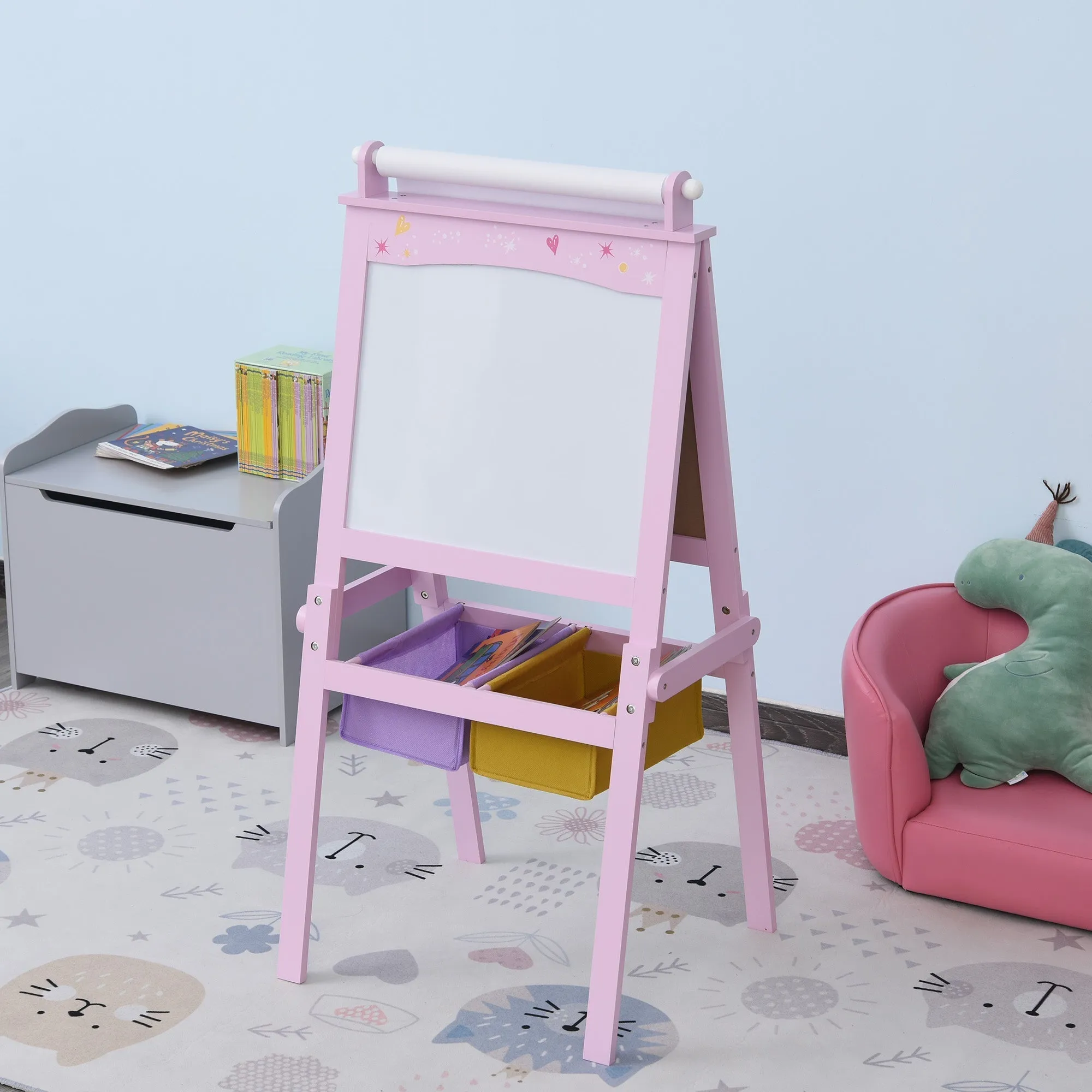 Lavagnetta with Kids stand 3 in 1 and with roller paper sheets pink wooden - Image 2