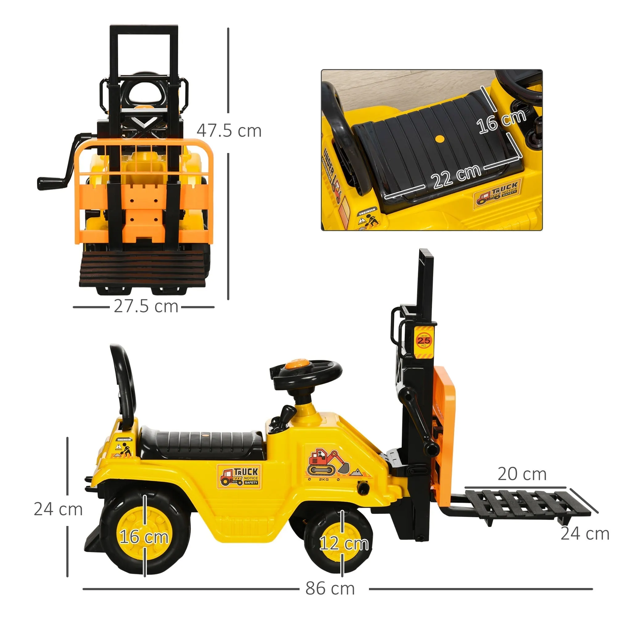 Pedal Tractor for Children 3-4 Years with Forklift and Storage Space, 86x27.5x47.5 cm, Yellow and Black - Image 3