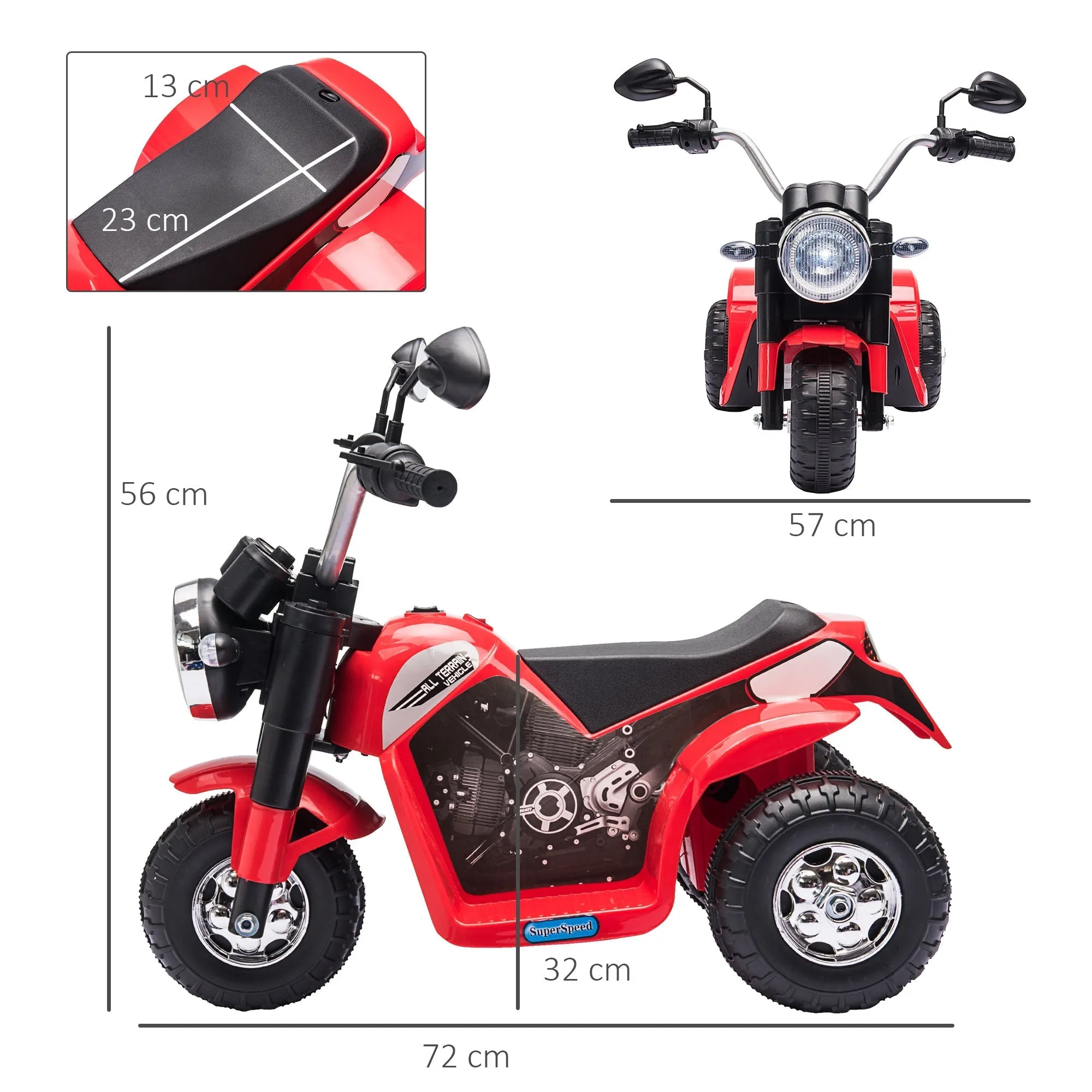 electric motorcycle for 3-wheeled children with lights and sounds, 6V rechargeable battery, speed 2 km/h, for children of 18-36 months, 72x57x56cm red - Image 3
