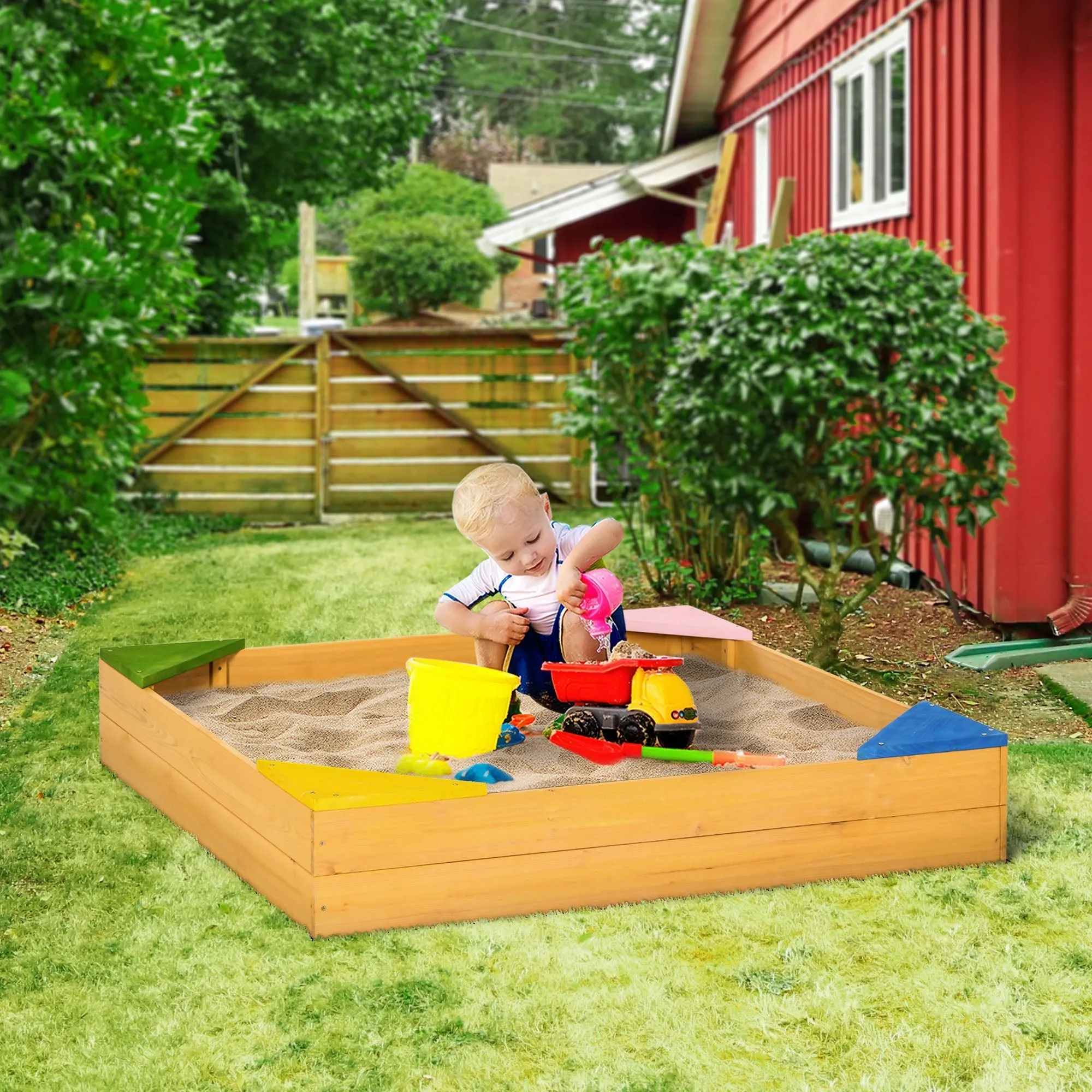4-Seater Children's Sandpit in Fir Wood with Bottomless Design, 109x109x19.8 cm - Image 2