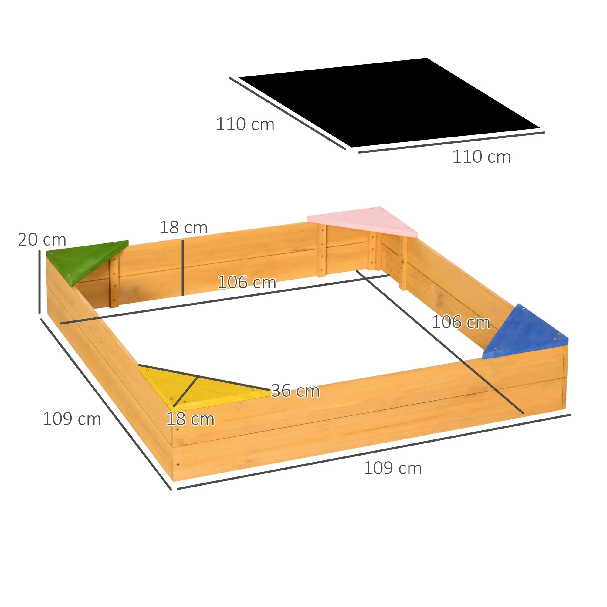 4-Seater Children's Sandpit in Fir Wood with Bottomless Design, 109x109x19.8 cm - Image 3