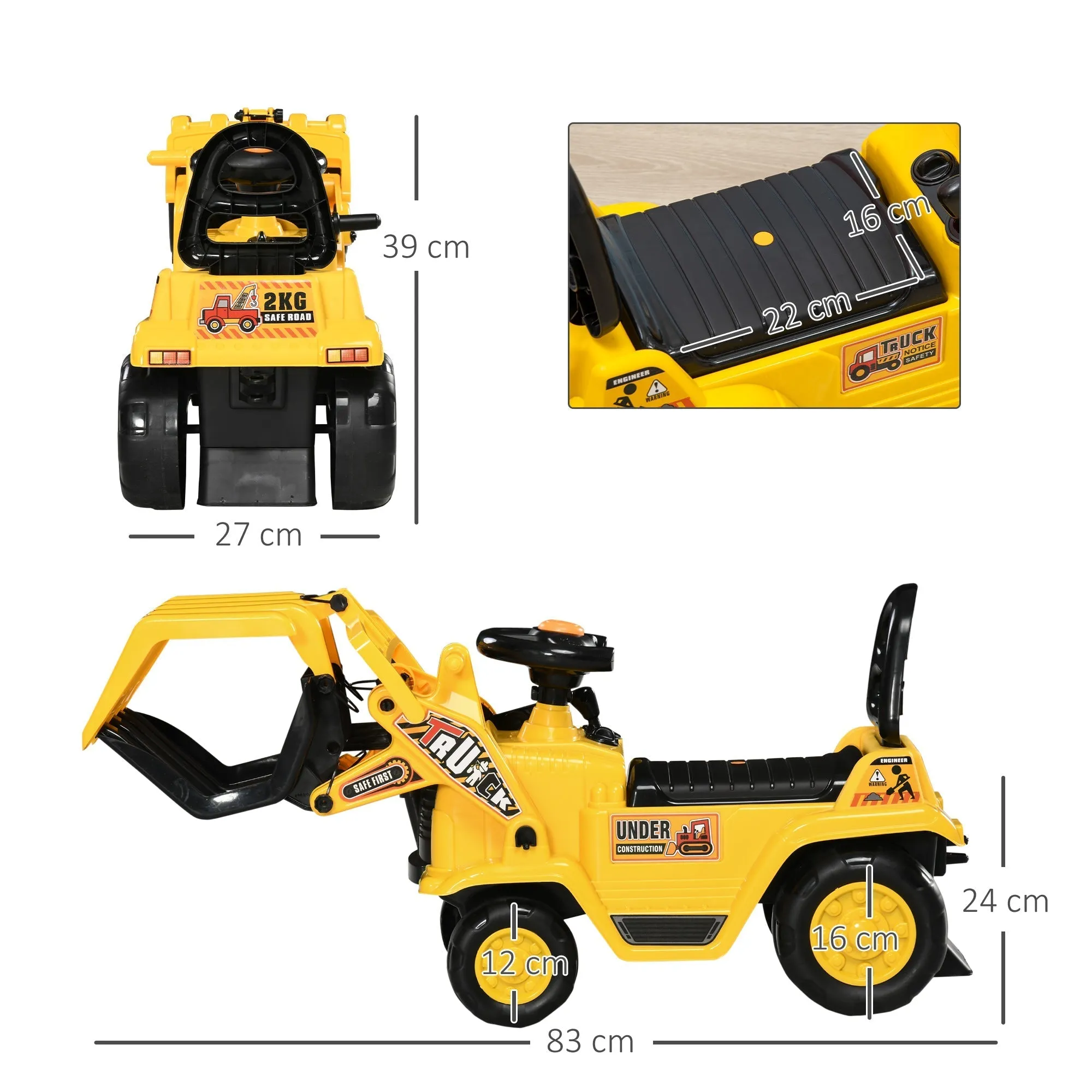 Excavator for Children 3-4 Years with Clamp, Sound Button and Storage Space, 83x27x39 cm, Yellow and Black - Image 3