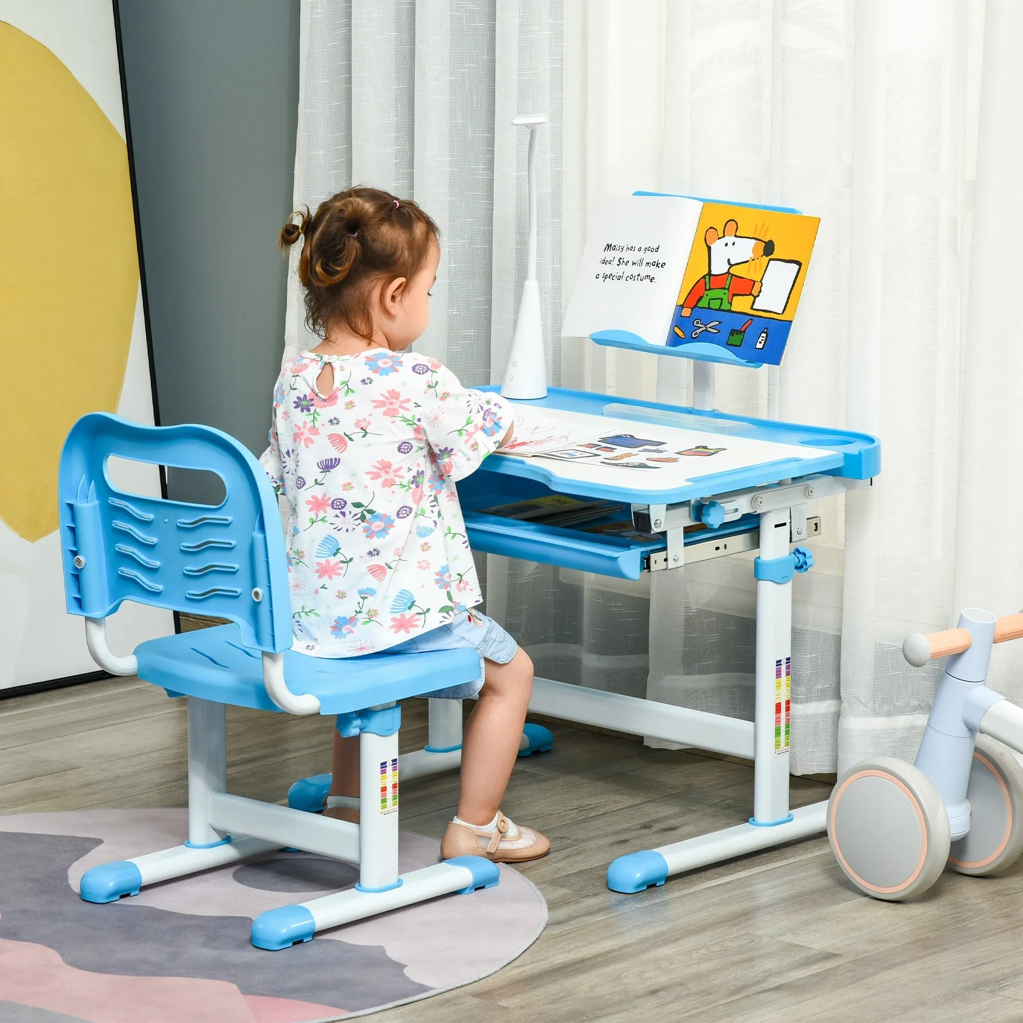 Children's Desk with Chair for 6-12 Years Old with Adjustable Height and Angle, Blue - Image 2