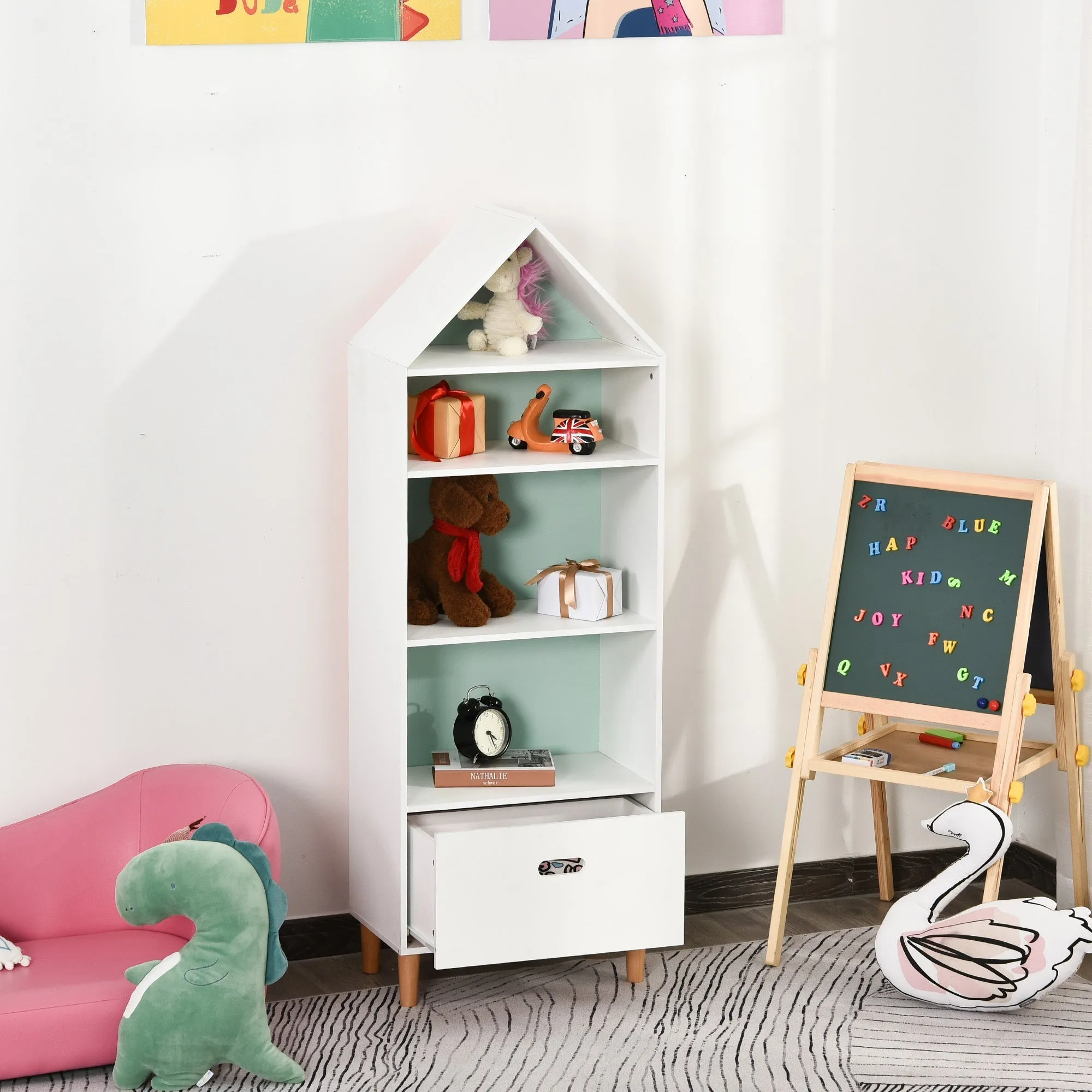 Bookcase Toy Storage Shelf for Children's and Teens' Bedrooms, 1 Drawer and 4 Shelves, White and Blue 50x30x142cm - Image 2