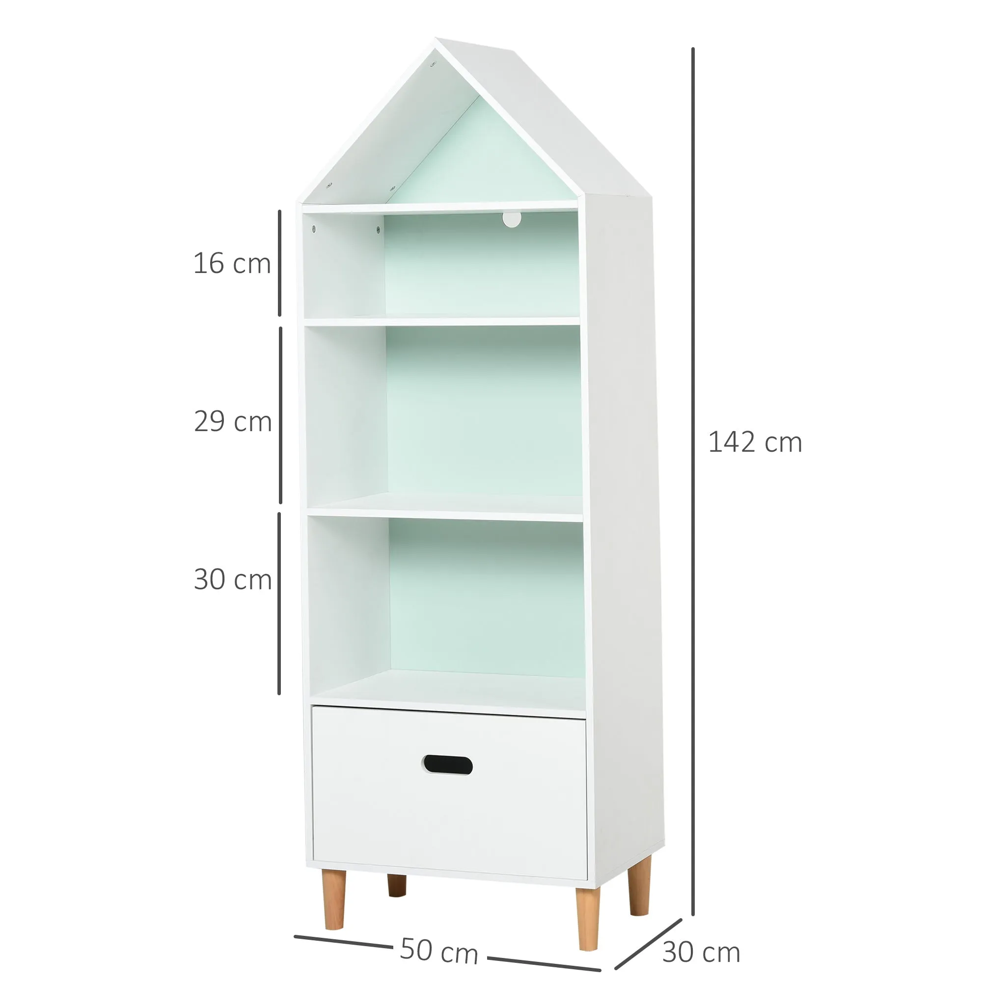 Bookcase Toy Storage Shelf for Children's and Teens' Bedrooms, 1 Drawer and 4 Shelves, White and Blue 50x30x142cm - Image 3