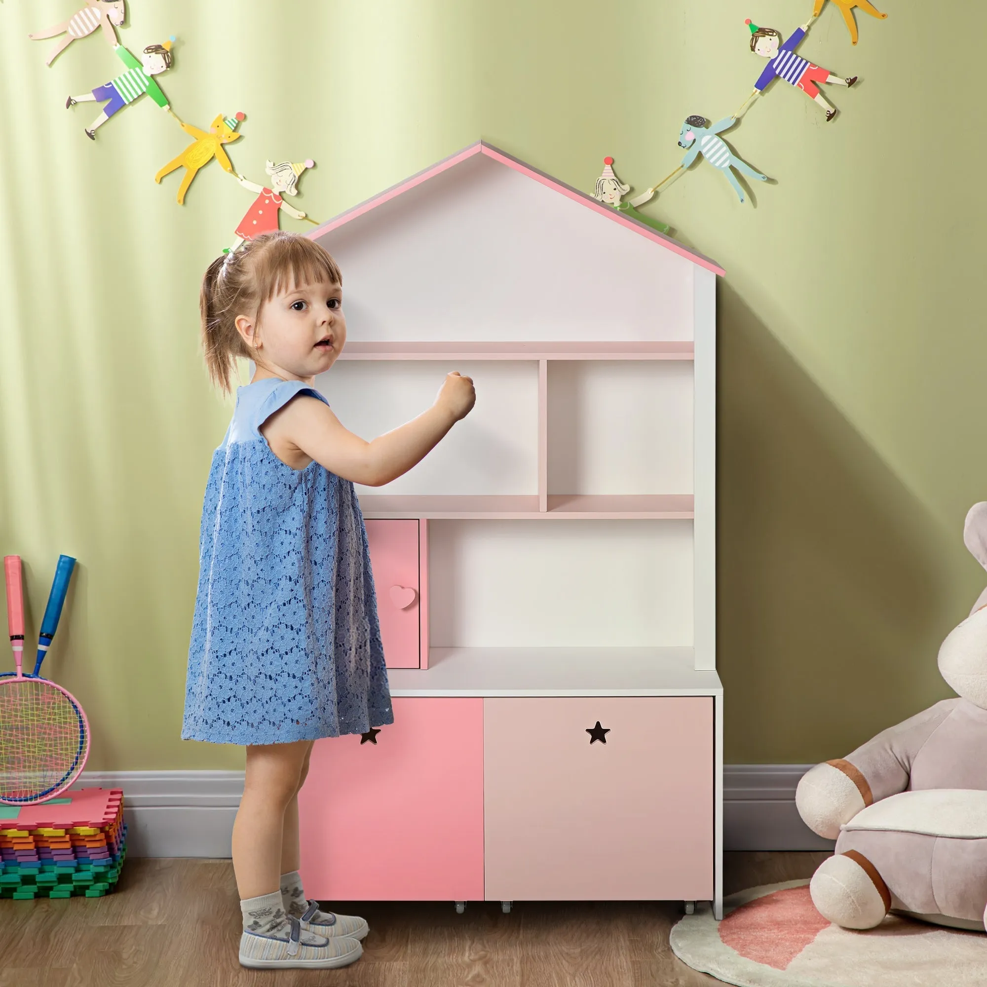 Pink Bookcase Toy Storage Shelf for Children's and Teens' Bedroom with 2 Pull-Out Drawers, 80 x 34 x 130 cm - Image 2