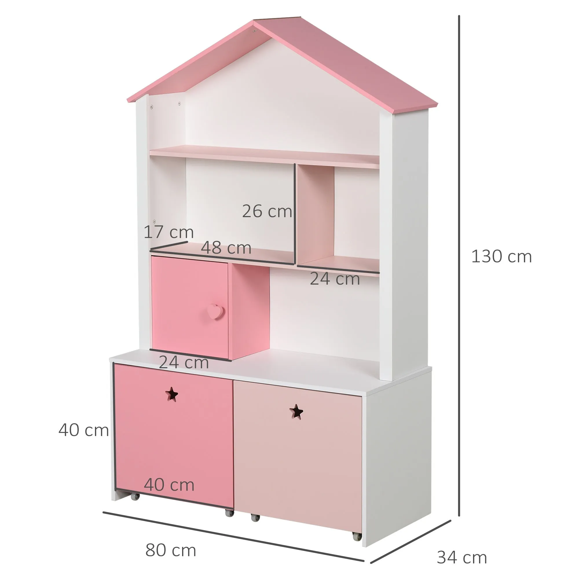 Pink Bookcase Toy Storage Shelf for Children's and Teens' Bedroom with 2 Pull-Out Drawers, 80 x 34 x 130 cm - Image 3