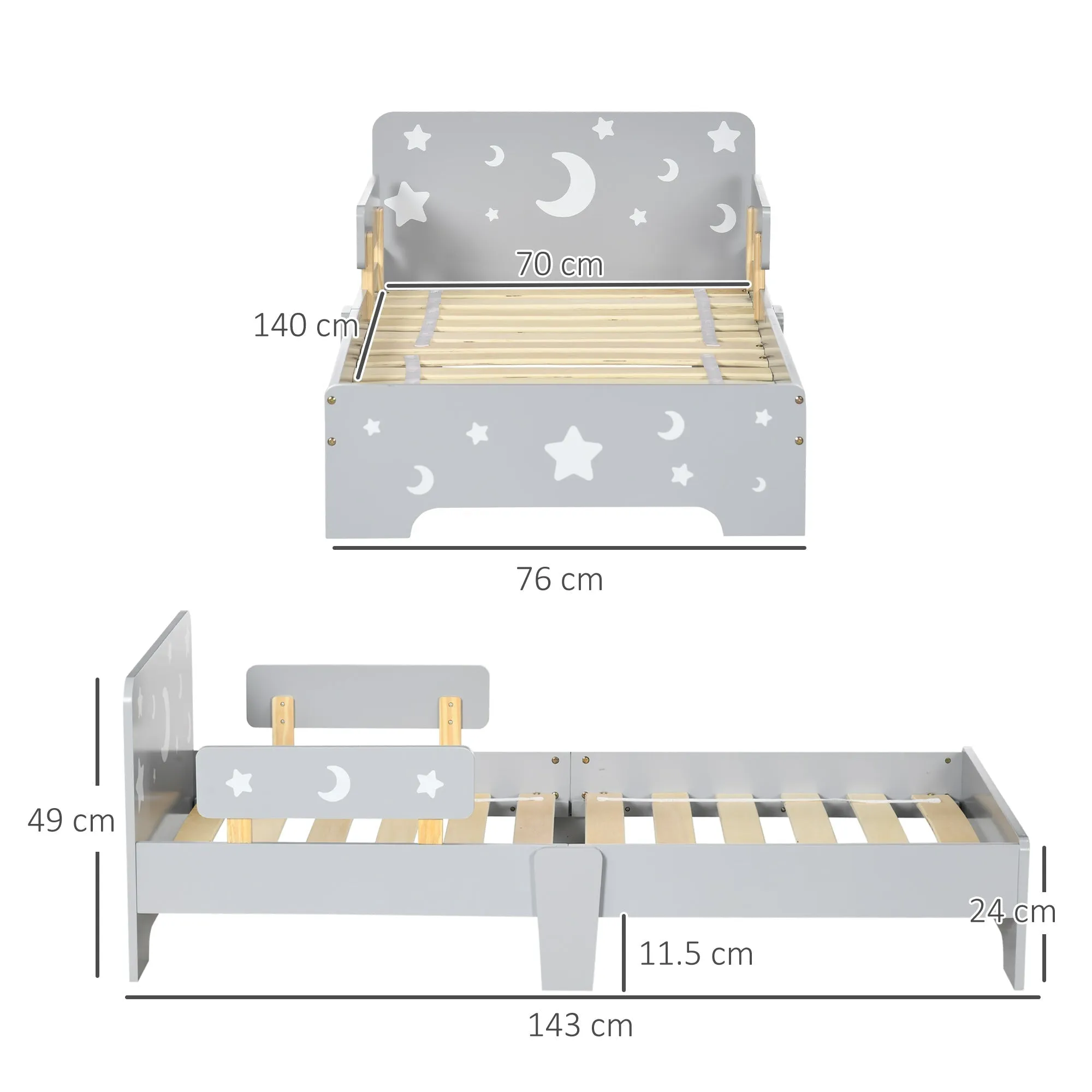 Children's Bed 3-6 Years with Stars and Moon Patterns in MDF Panels and Chipboard, 143x76x49 cm - Image 3