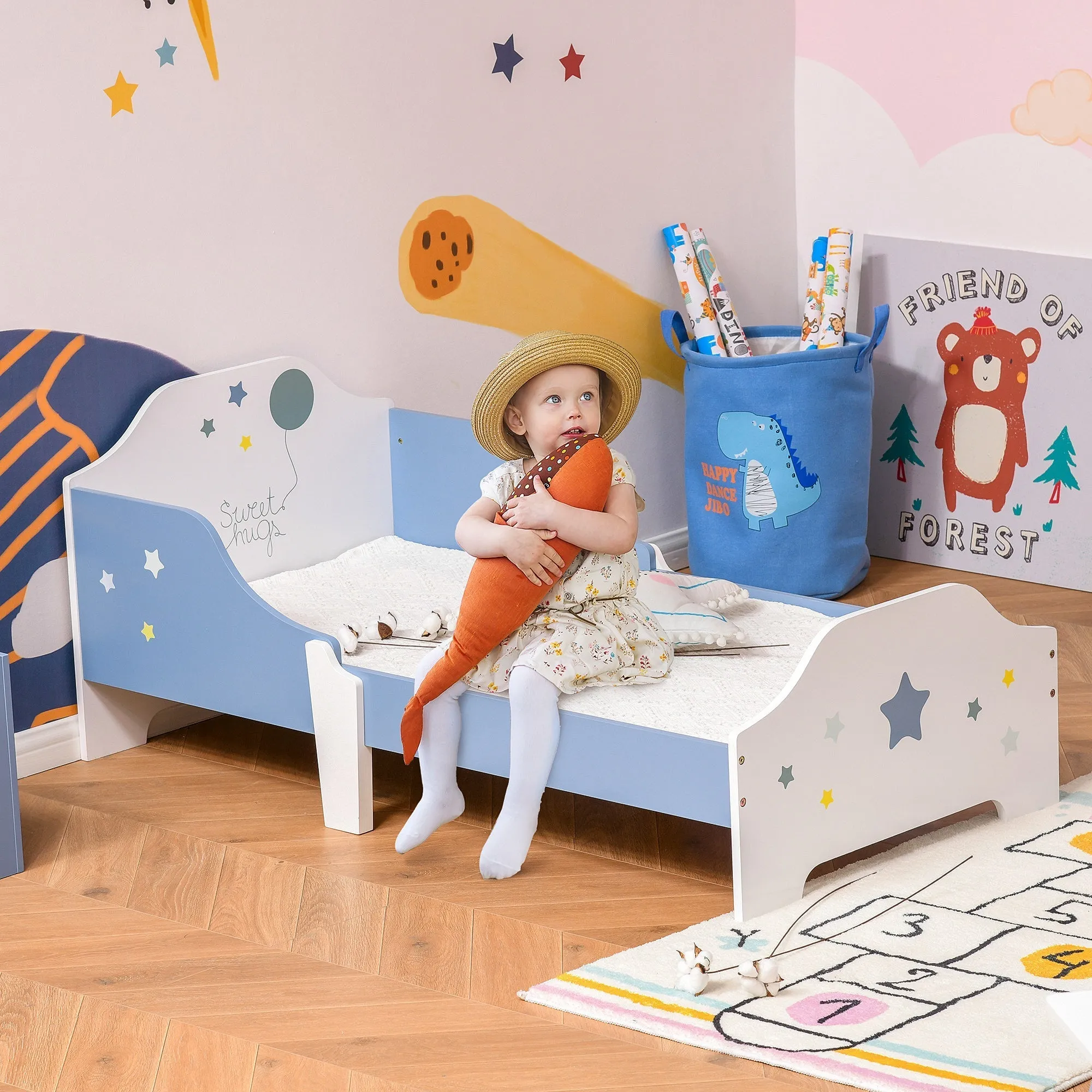 Low Bed for Boys and Girls +3 Years with Sides, Blue and White Cot, 143 x 74 x 59 cm - Image 2