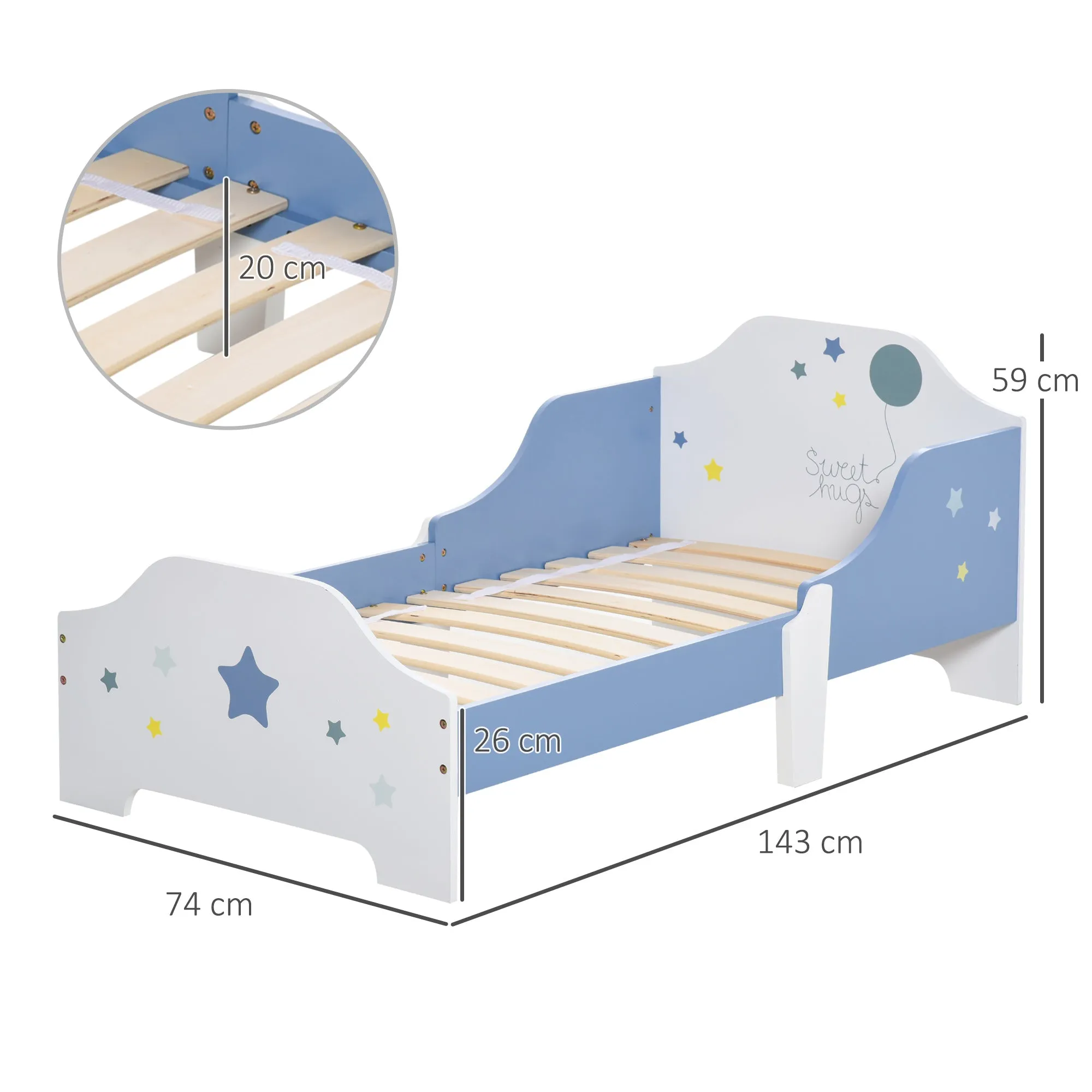 Low Bed for Boys and Girls +3 Years with Sides, Blue and White Cot, 143 x 74 x 59 cm - Image 3
