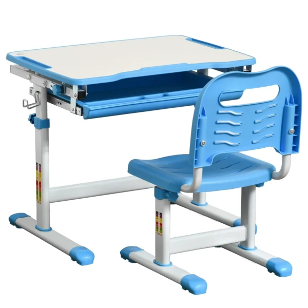 school desk with height adjustable chair for children 6-12 years, drawer and tilted plan at 45 °, steel and mdf, blue