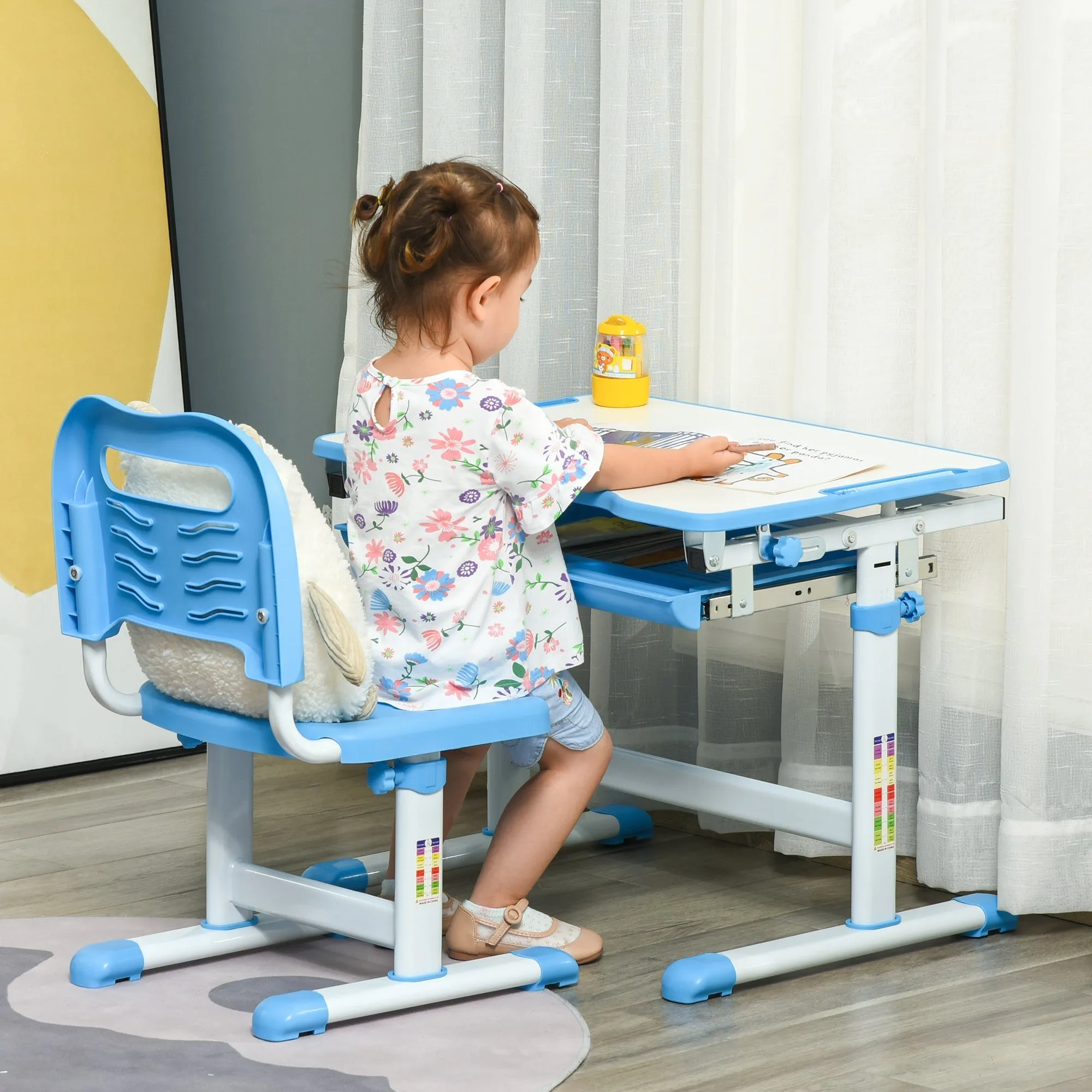 school desk with height adjustable chair for children 6-12 years, drawer and tilted plan at 45 °, steel and mdf, blue - Image 2