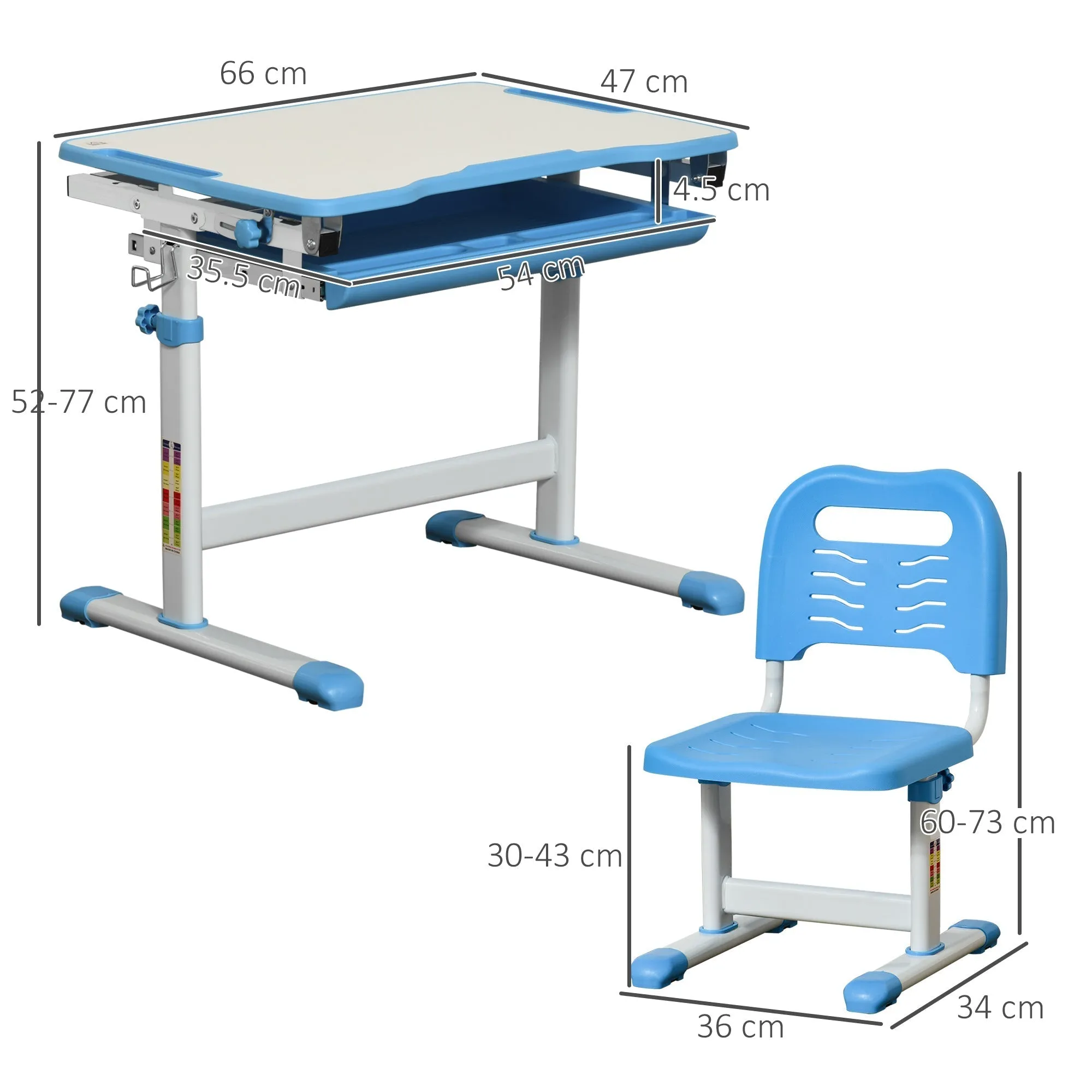 school desk with height adjustable chair for children 6-12 years, drawer and tilted plan at 45 °, steel and mdf, blue - Image 3