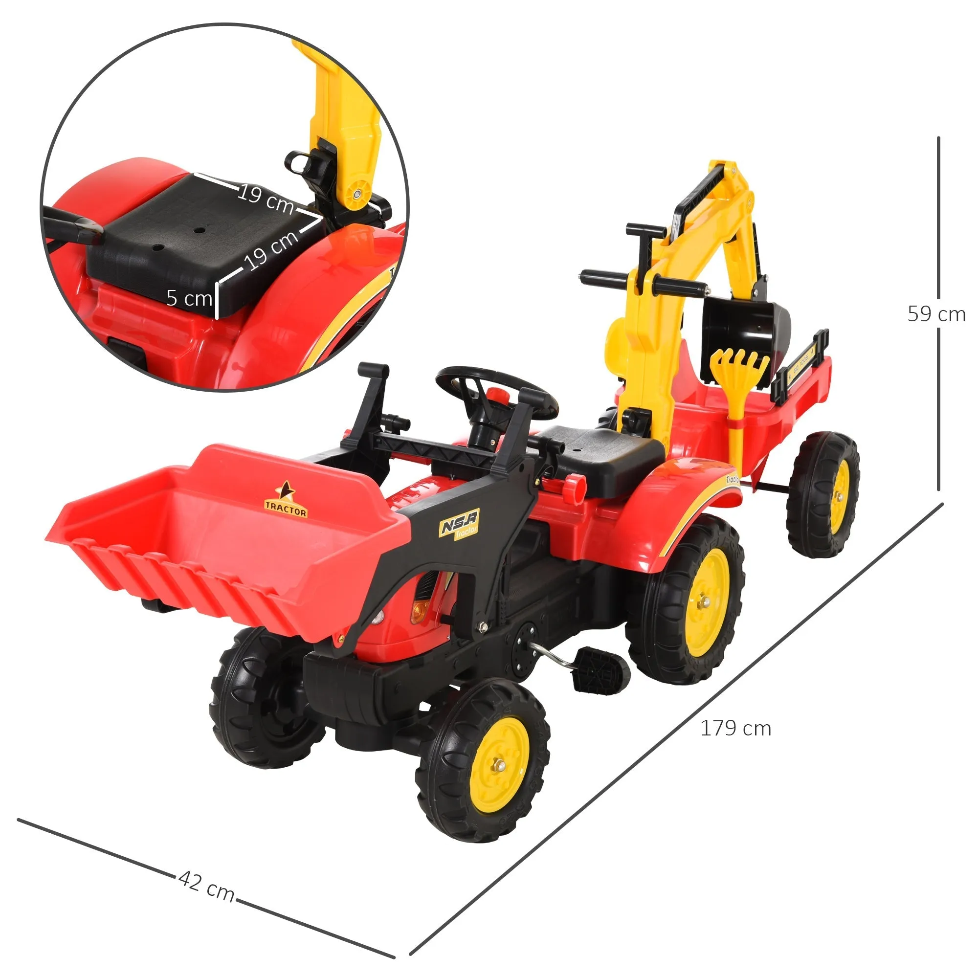 Pedal toy bulk, rideable excavator for children with blades and steering wheel, 179x42x59cm multicolor - Image 3