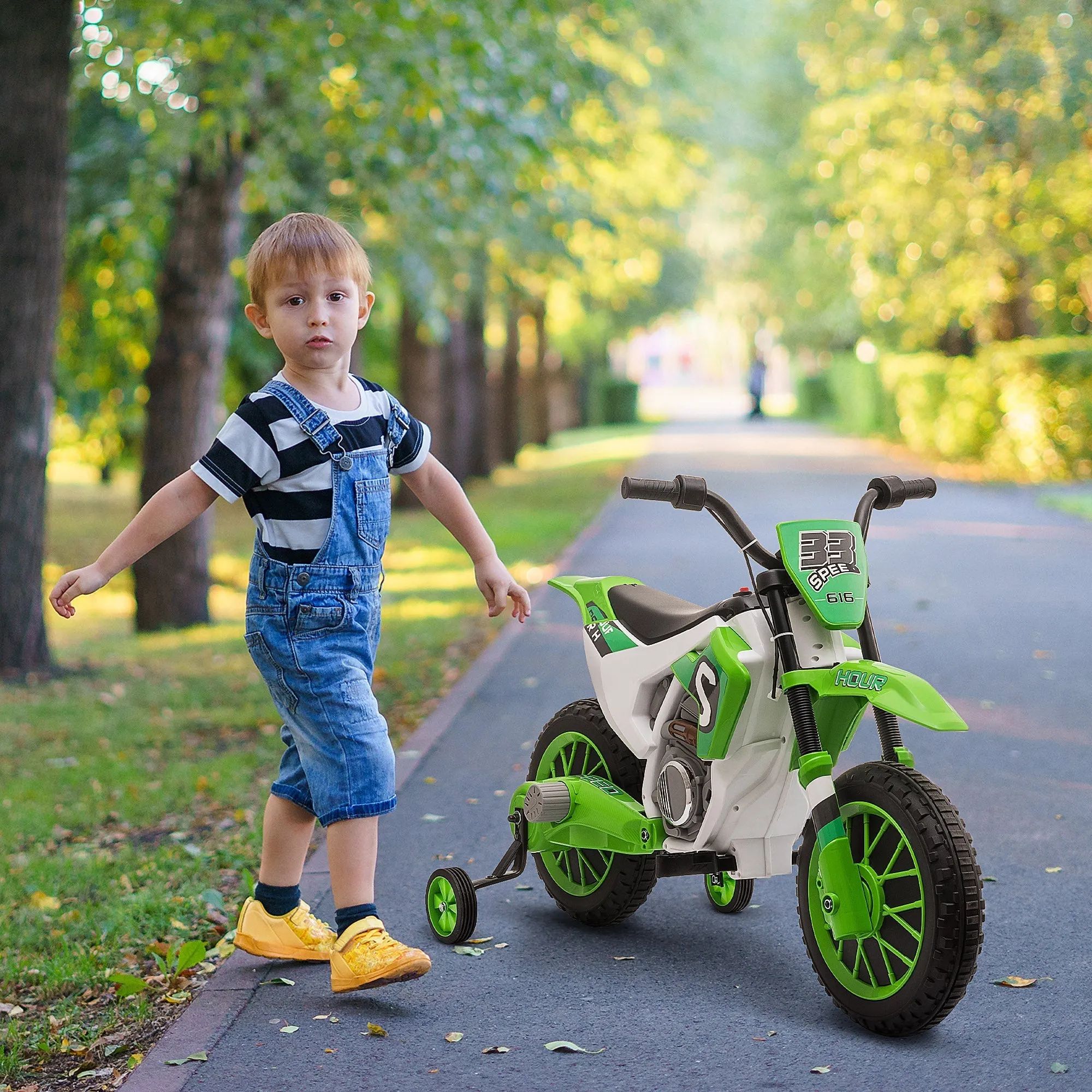 electric cross motorcycle for children for 3-5 years, rechargeable 12V battery and removable wheel, 106.5x51.5x68cm, green - Image 2