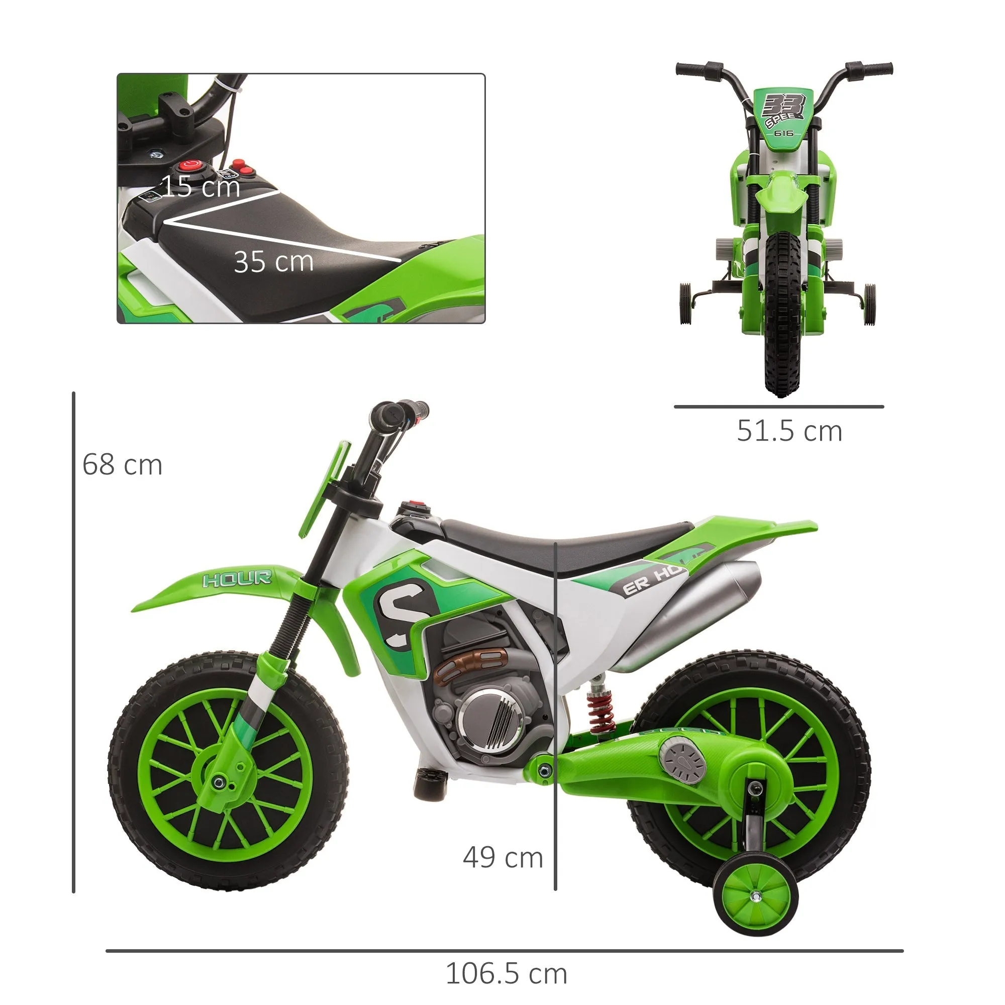 electric cross motorcycle for children for 3-5 years, rechargeable 12V battery and removable wheel, 106.5x51.5x68cm, green - Image 3