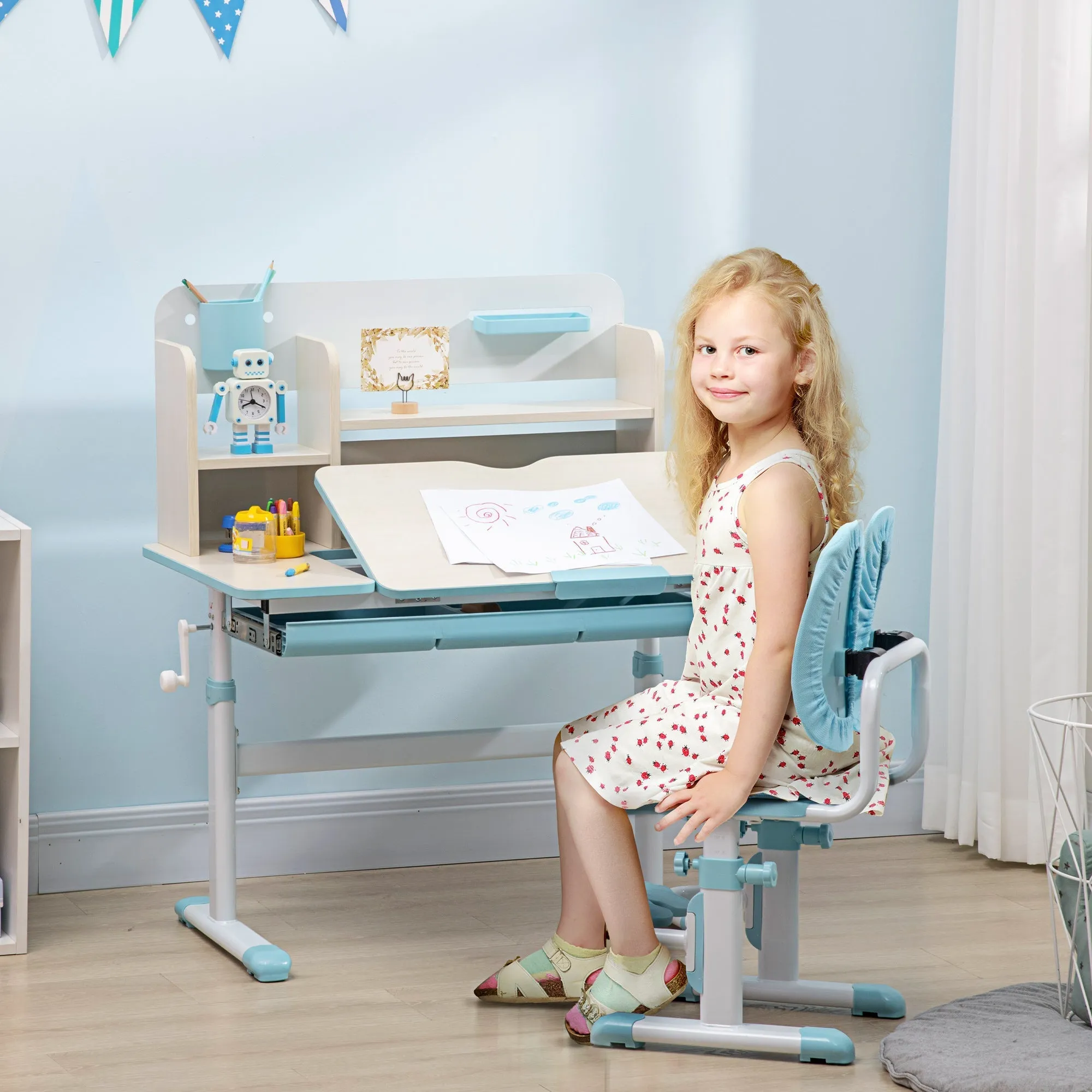 School Desk with Chair for Children 3-12 Years, Adjustable Height and Tiltable Top, Blue - Image 2