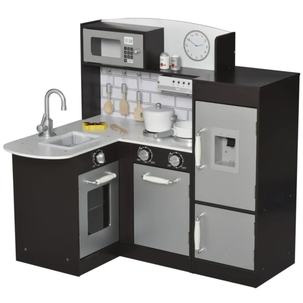 Kitchen for Children in Wooden Children With 14 Accessories, Oven, Sink, Frigo and Microwave, age 3+ years, 86x64x84.5cm, silver and brown
