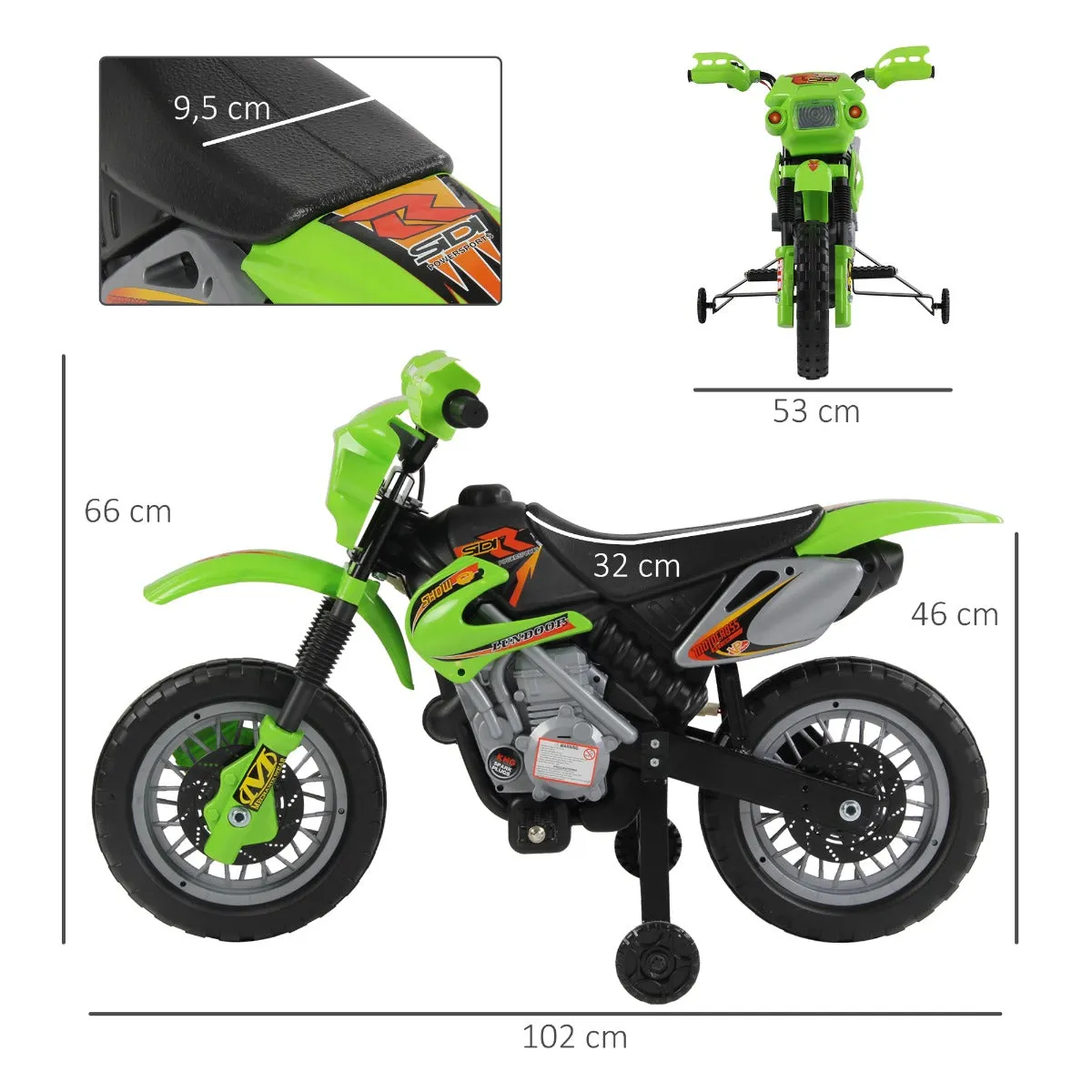 Moto Electric Cross with green wheels for children 3 years and more, 6v speed 6v 2.5km/h battery, 102 x 53 x 66cm - Image 3