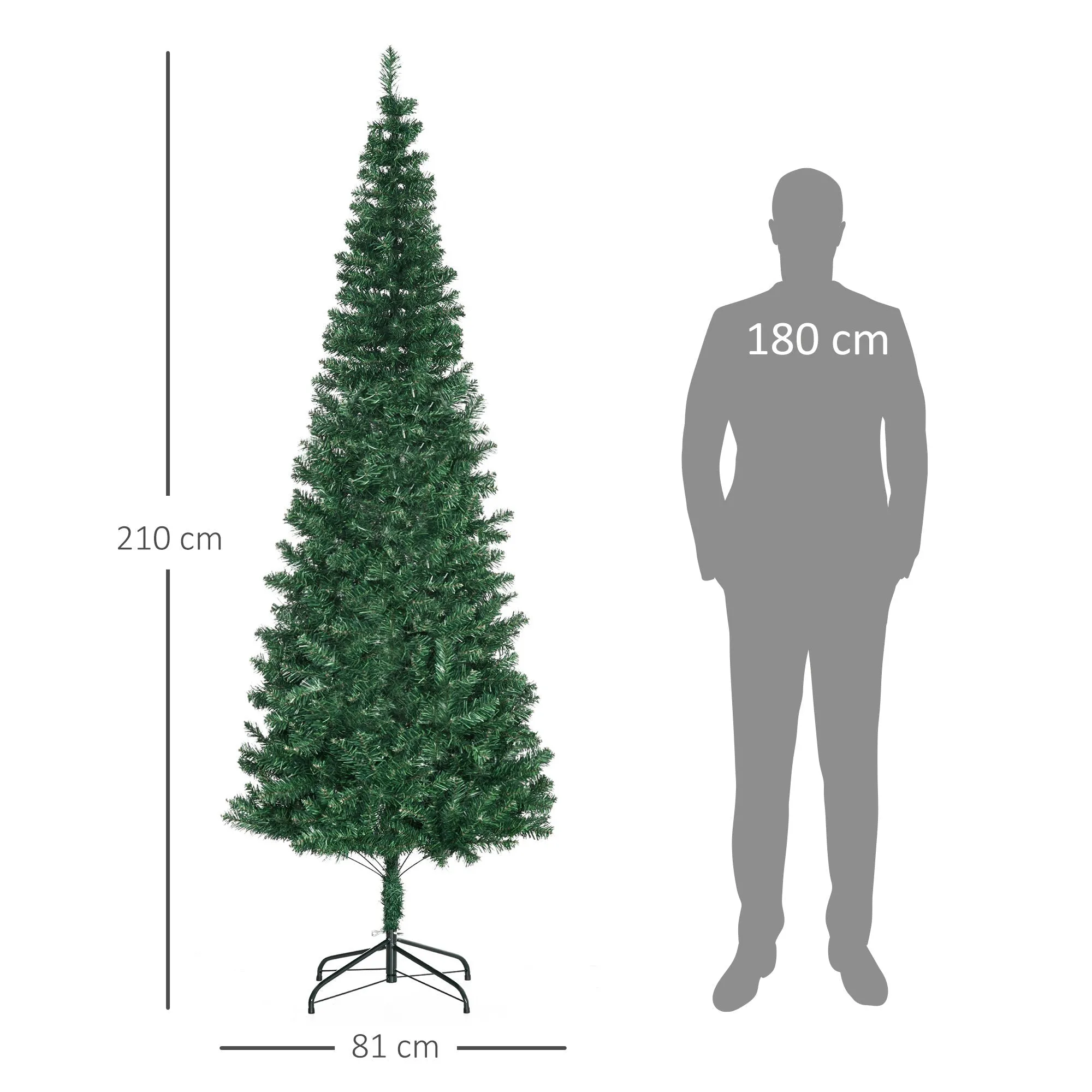 CHRISTMAS TREE - 210cm Slim Artificial Christmas Tree with 631 Branches Metal Stand - Image 3