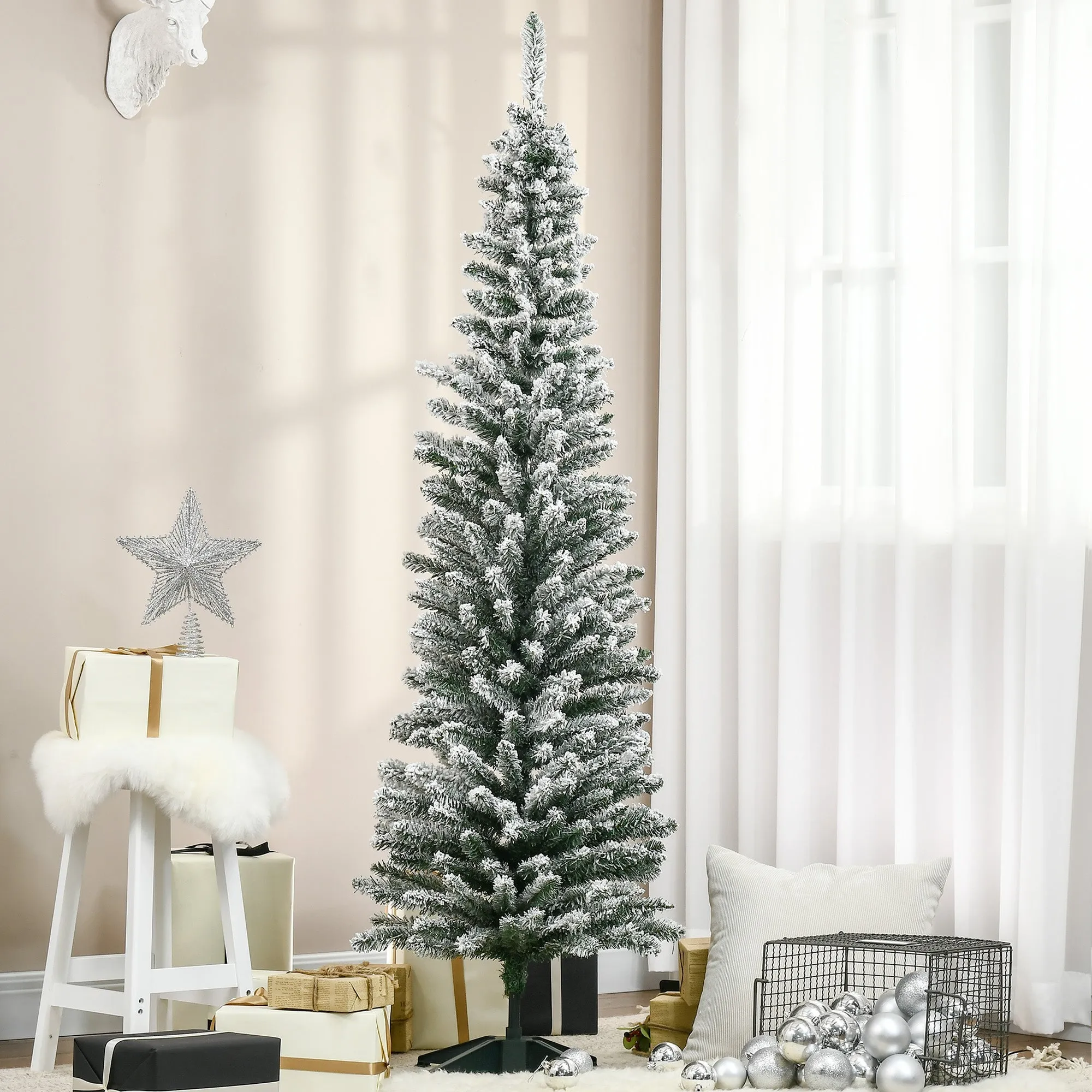 CHRISTMAS TREE - 180cm Artificial Snowy Christmas Tree with 390 Branches, Removable Base Christmas Decorations - Image 2