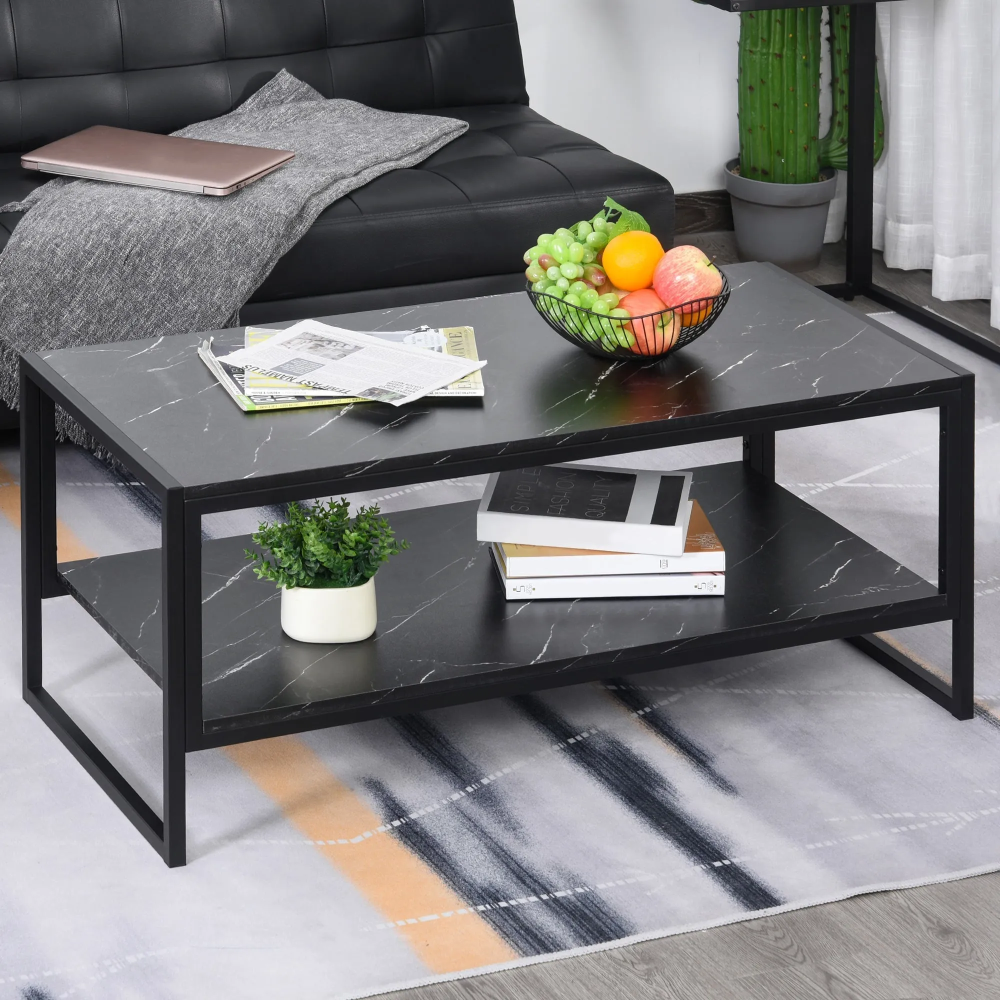 MALORCA | Black Marble Effect Coffee Table with Lower Shelf for Living Room or Office, 106x50x45cm - Image 2