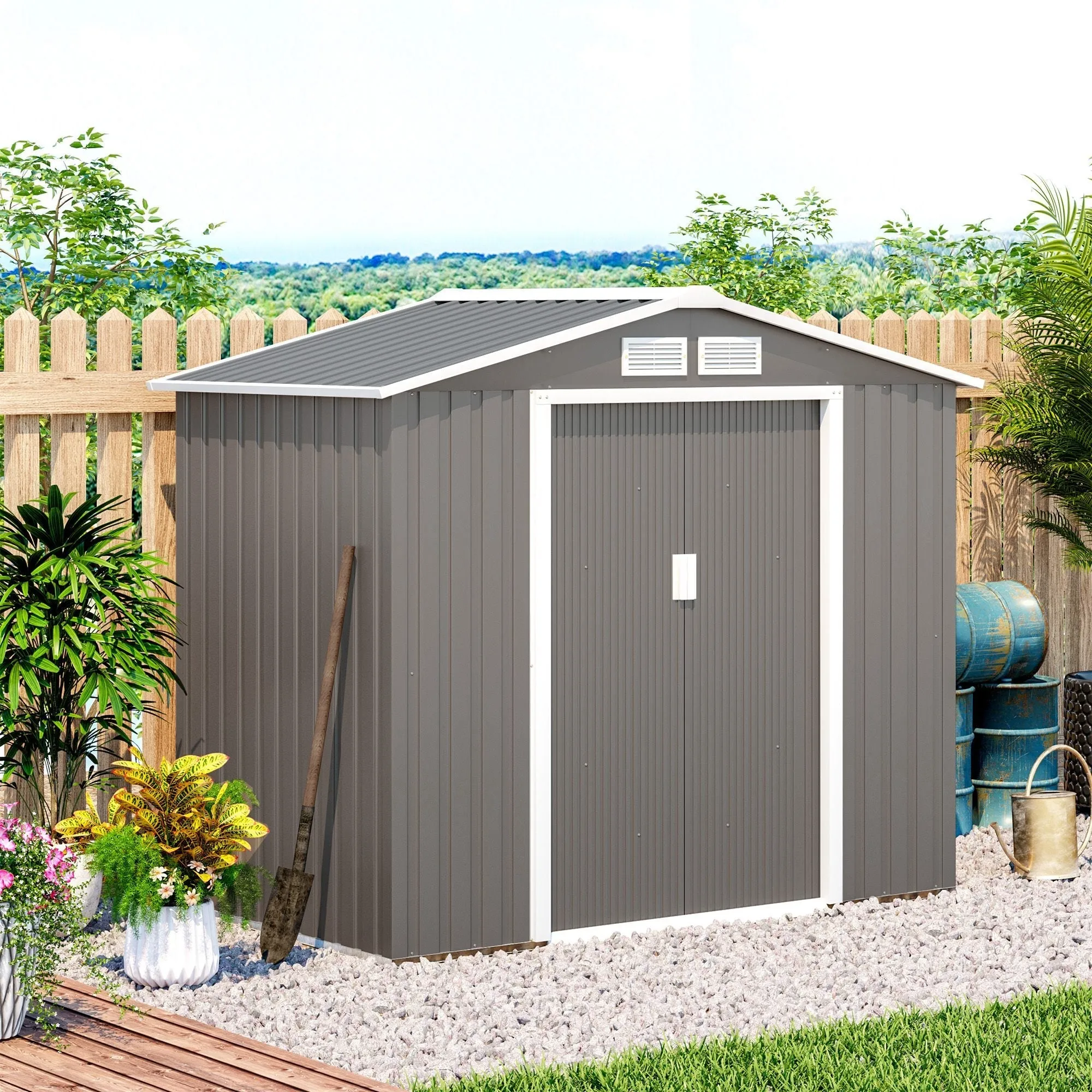 Garden Shed Tool Shed in Sheet Metal with Sliding Doors, 213x130x185 cm, Grey - Image 2