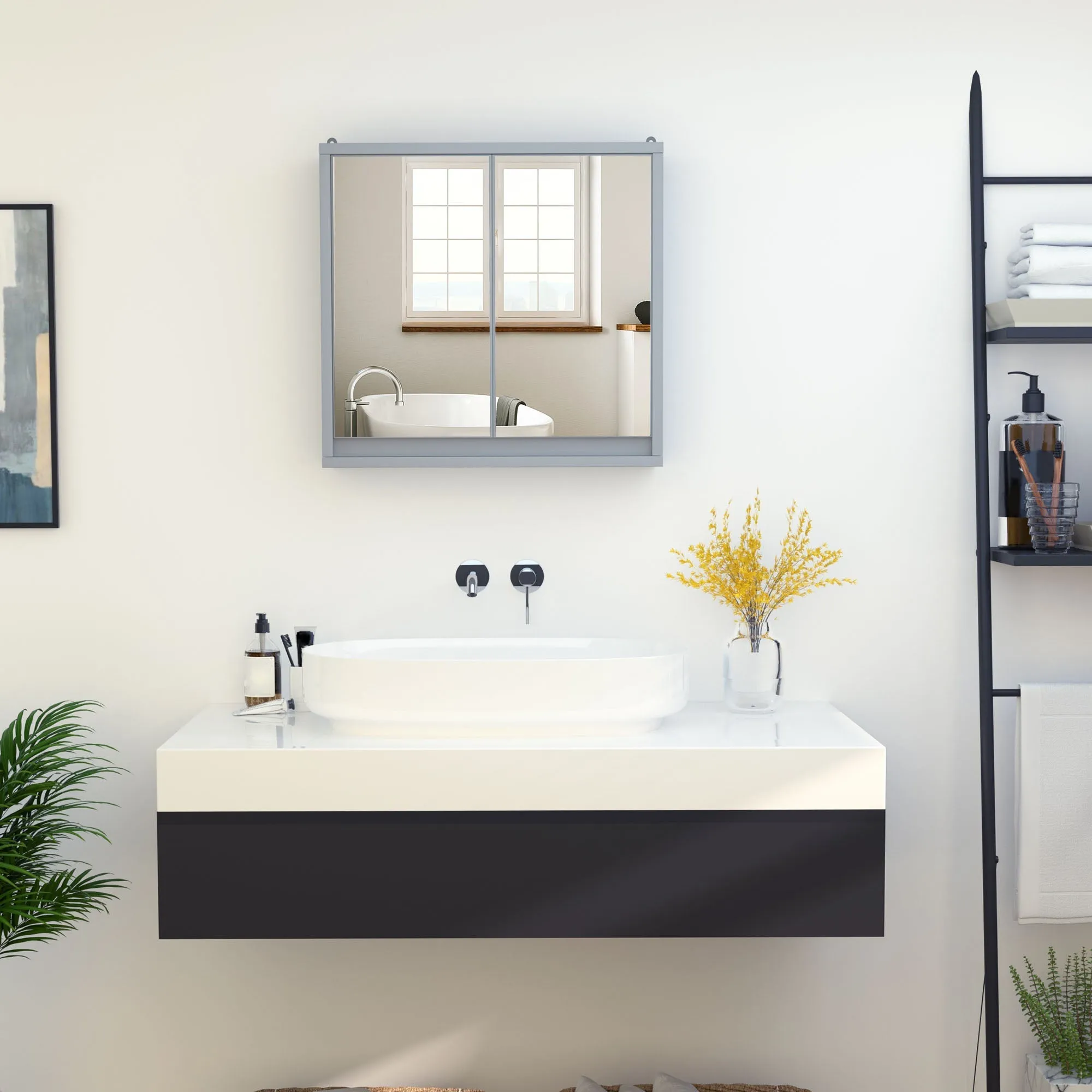 Double Glass Door Bathroom Cabinet with Adjustable Shelf Wall Mounted Wooden 48x14.5x45cm Grey - Image 2