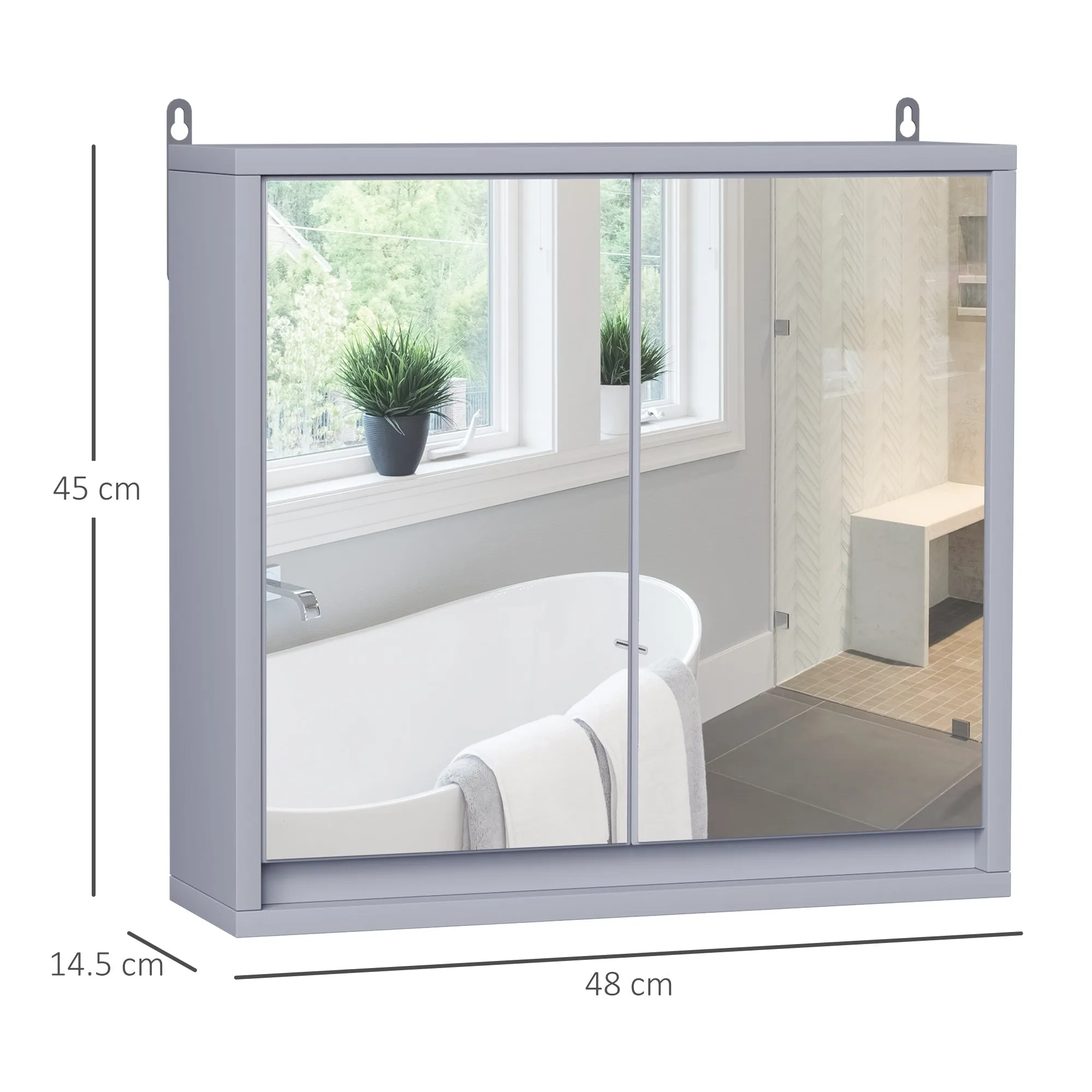 Double Glass Door Bathroom Cabinet with Adjustable Shelf Wall Mounted Wooden 48x14.5x45cm Grey - Image 3