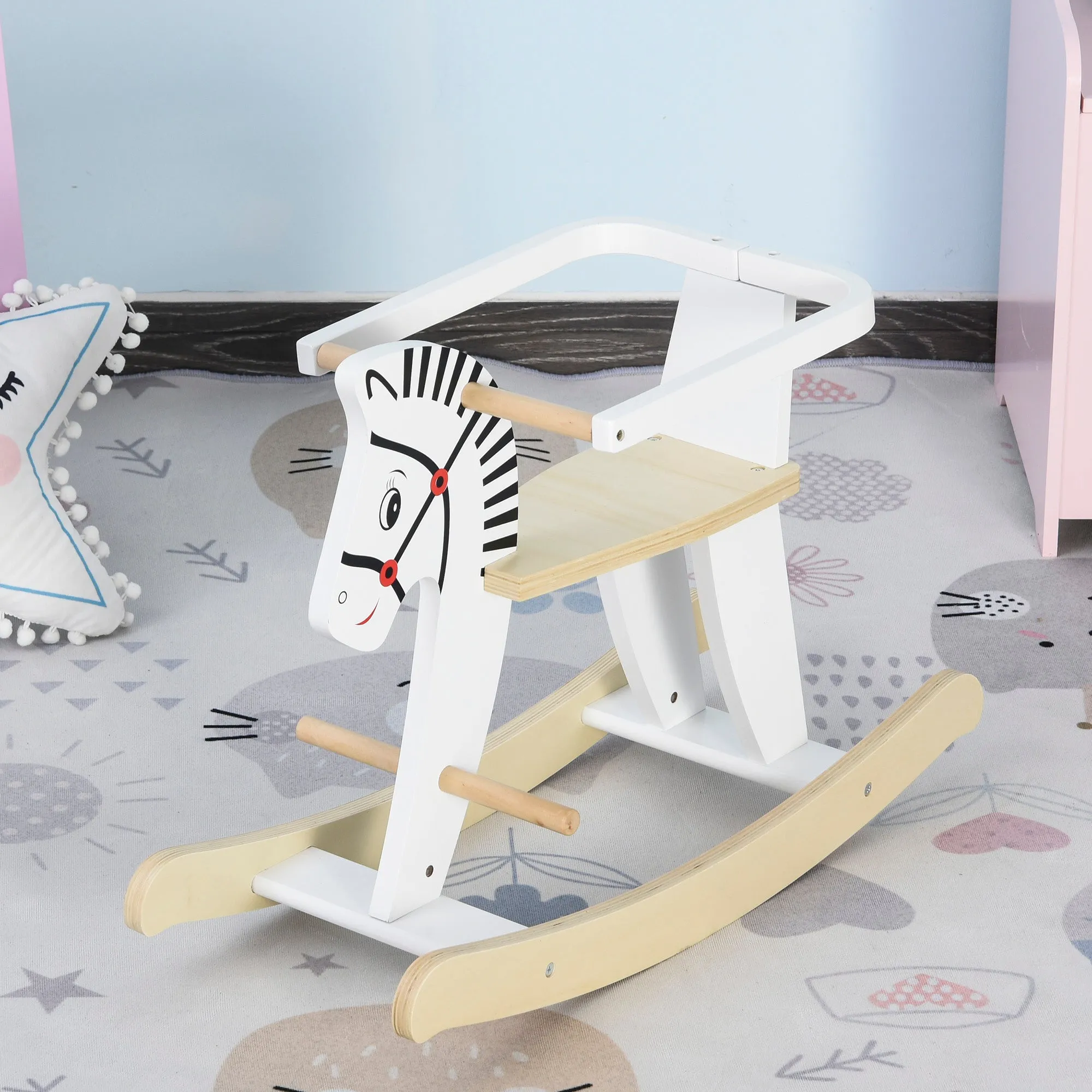 Classic Wooden Rocking Horse for Children 1-3 Years with Edge, Handles and Footrest, 68x26. 5x48cm, White 4.8 - Image 2