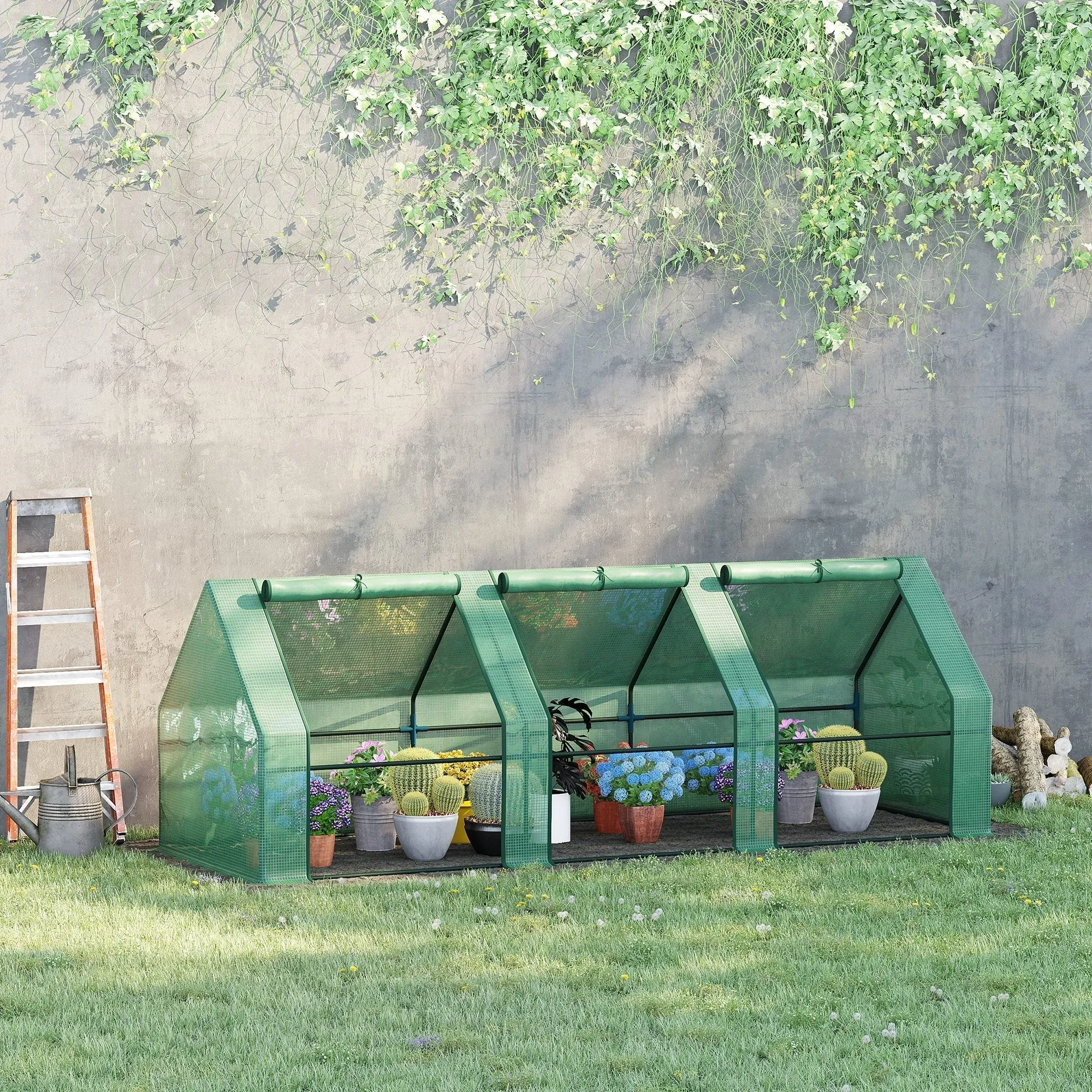 PE Tunnel Greenhouse for Plants and Flowers with Extended Edges and Hinged Doors, 270x90x90 cm, Dark Green - Image 2