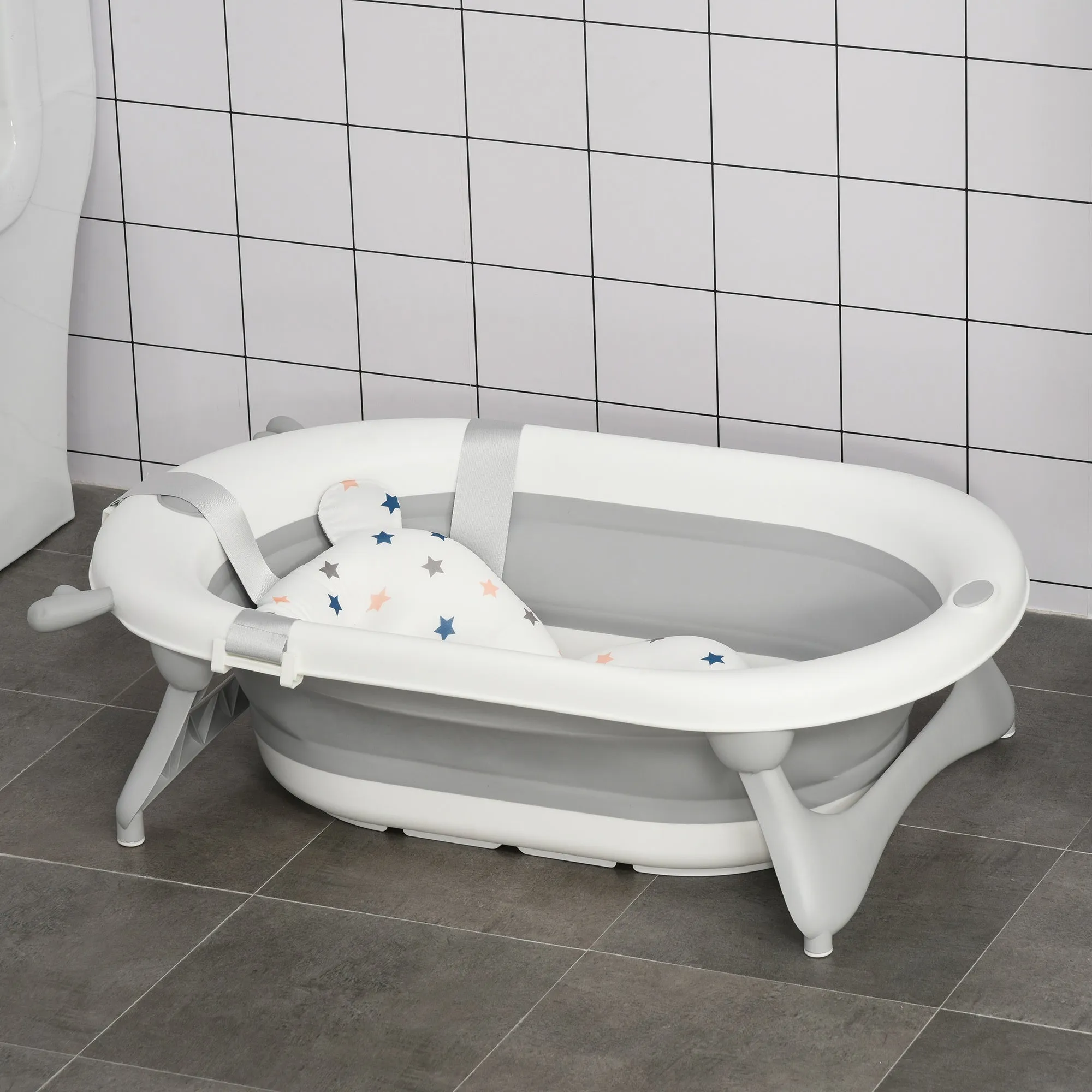 Foldable Baby Bath Tub for 0-3 Years Old with Temperature Indicator and Cushion, 81.5 x 50.5 x 23.5cm, White - Image 2
