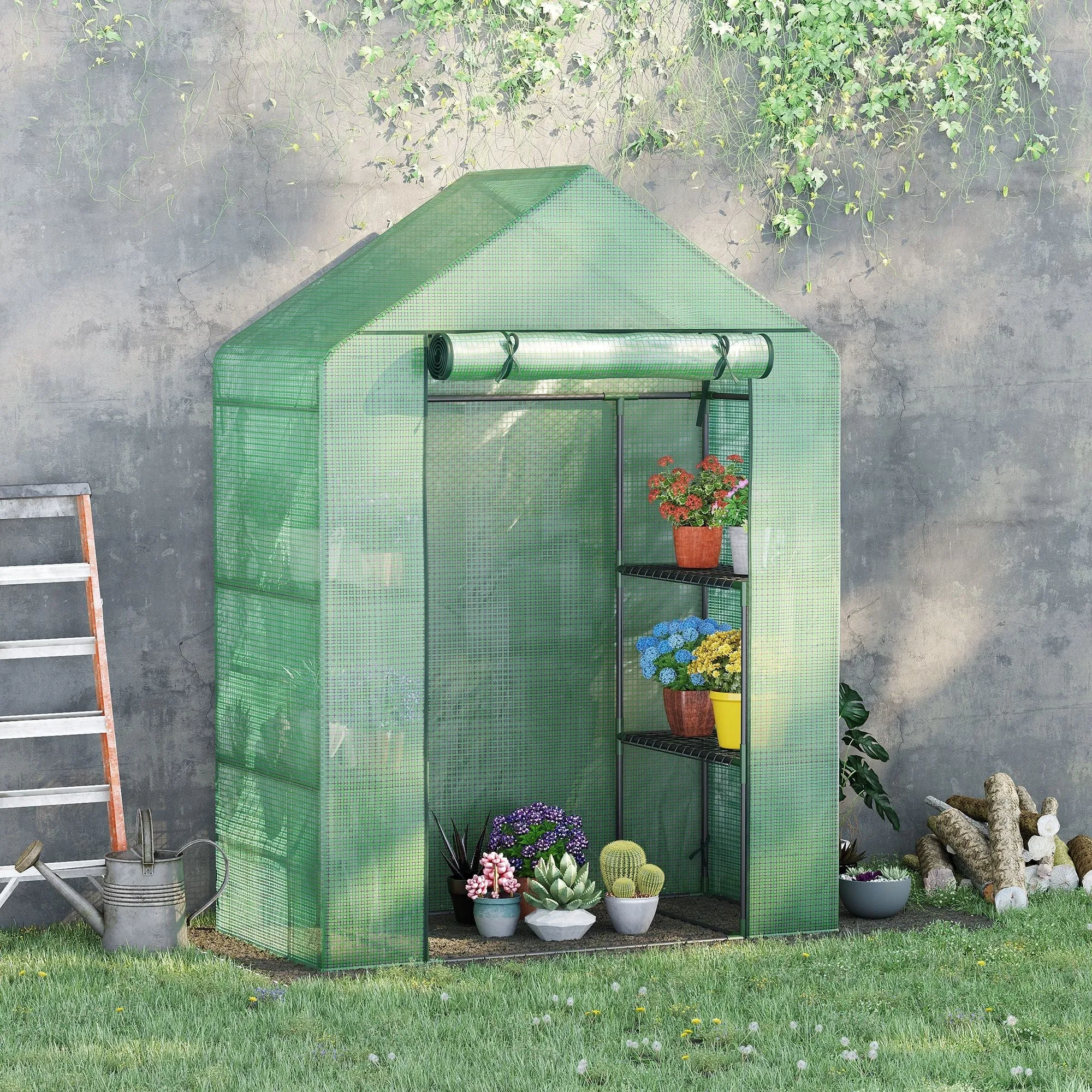 Steel and PE Plastic Garden Greenhouse with 4 Shelves, Ropes and Stakes, 141x72x191 cm, Green - Image 2