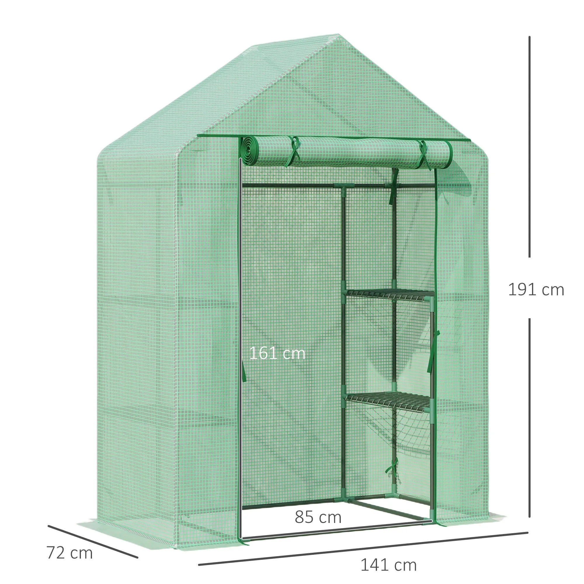 Steel and PE Plastic Garden Greenhouse with 4 Shelves, Ropes and Stakes, 141x72x191 cm, Green - Image 3