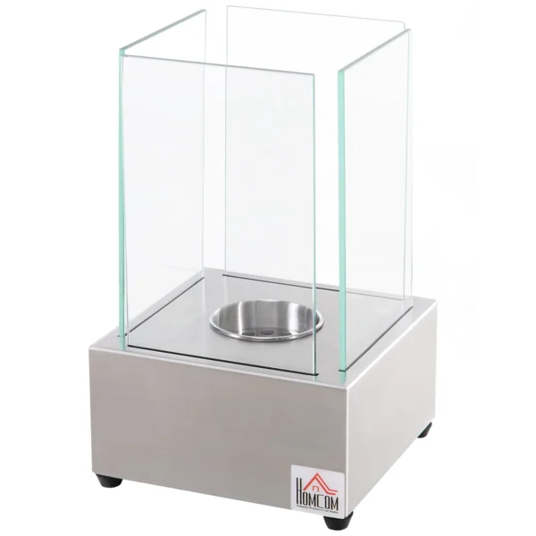 Tabletop Bioethanol Fireplace with 0.4L Burner, Steel and Glass Biofireplace for Indoor and Outdoor Use, 20x20x33cm, Silver