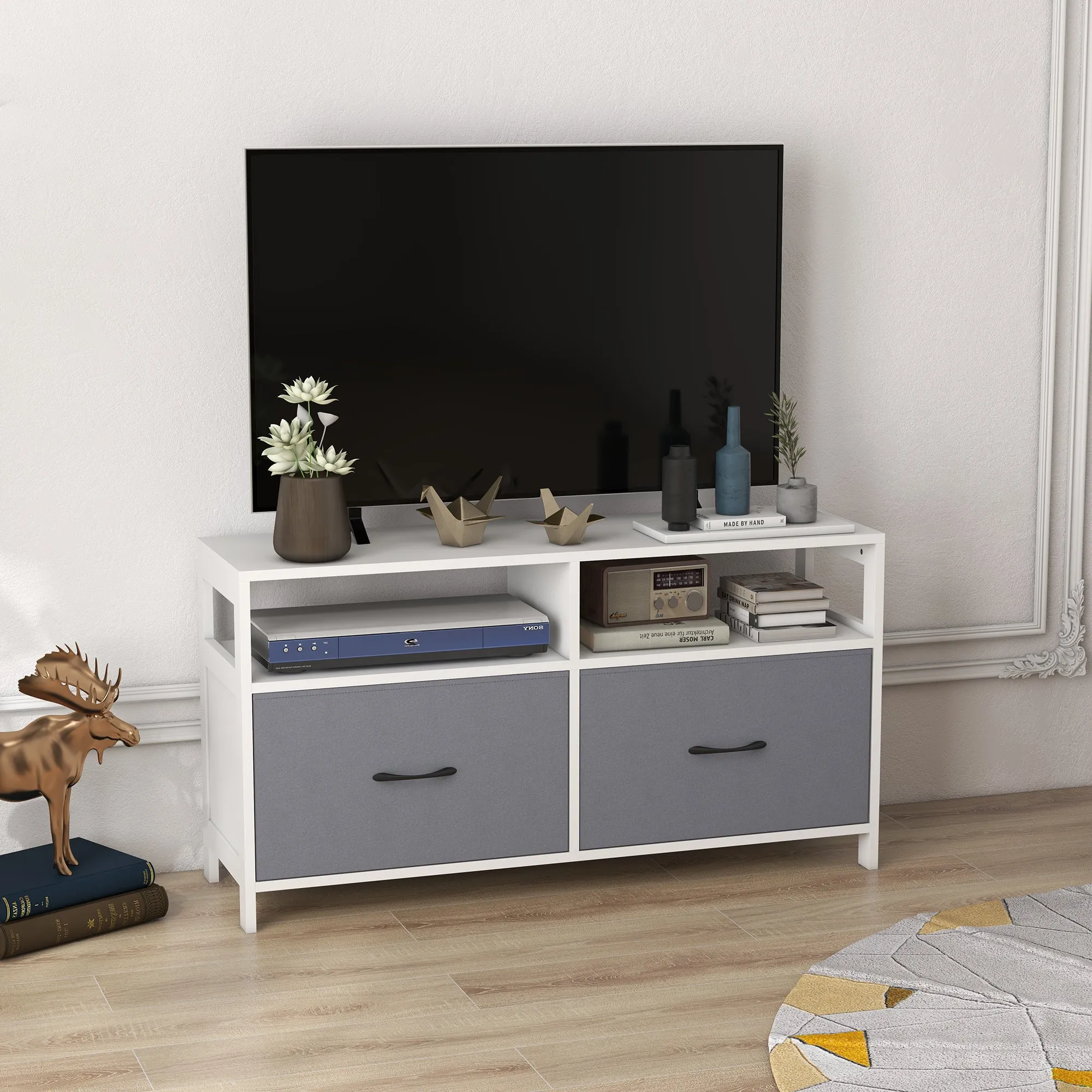 45" max TV Stand in MDF and Non-Woven Fabric with 2 Drawers and 2 Shelves, 100x30x53 cm, White and Grey - Image 2