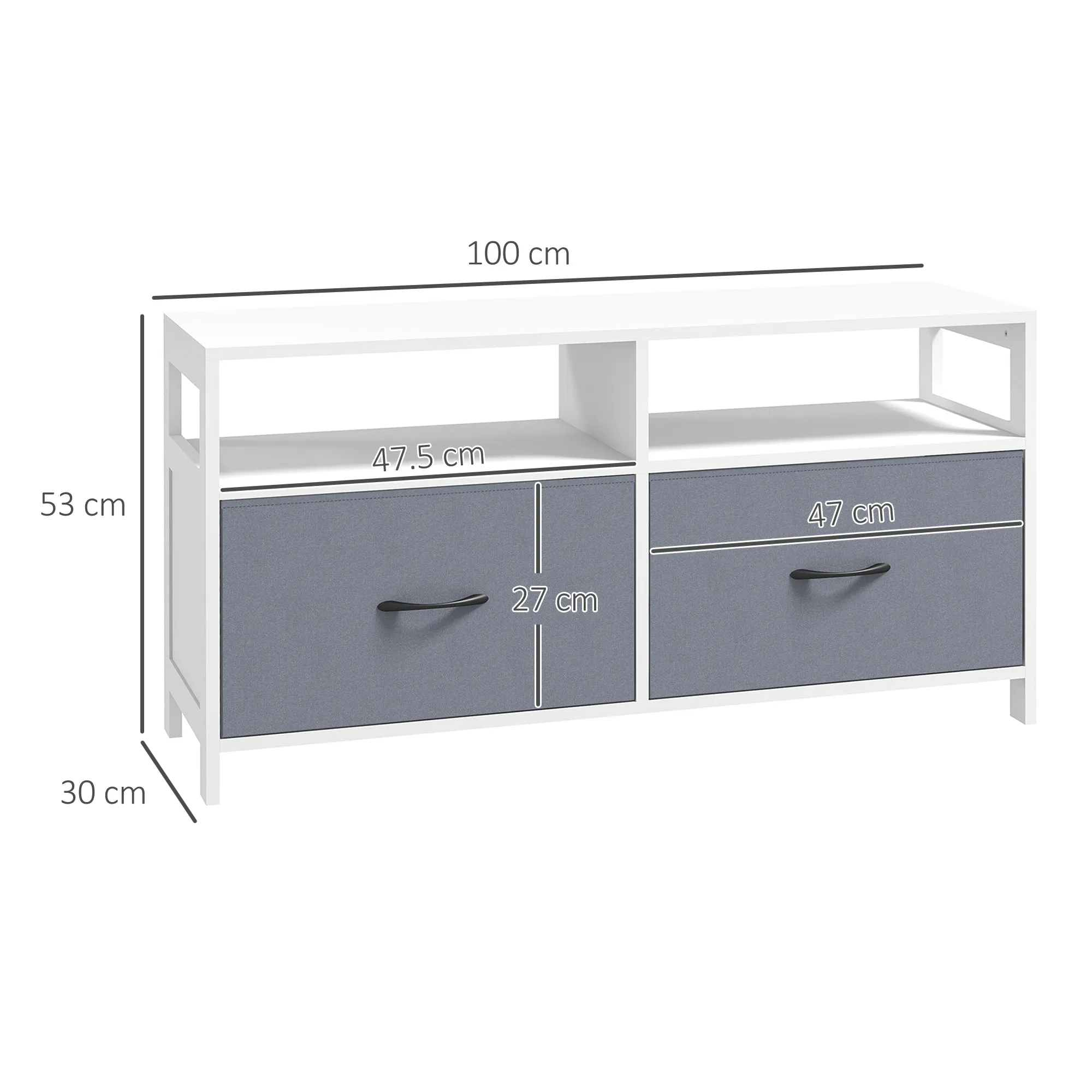 45" max TV Stand in MDF and Non-Woven Fabric with 2 Drawers and 2 Shelves, 100x30x53 cm, White and Grey - Image 3