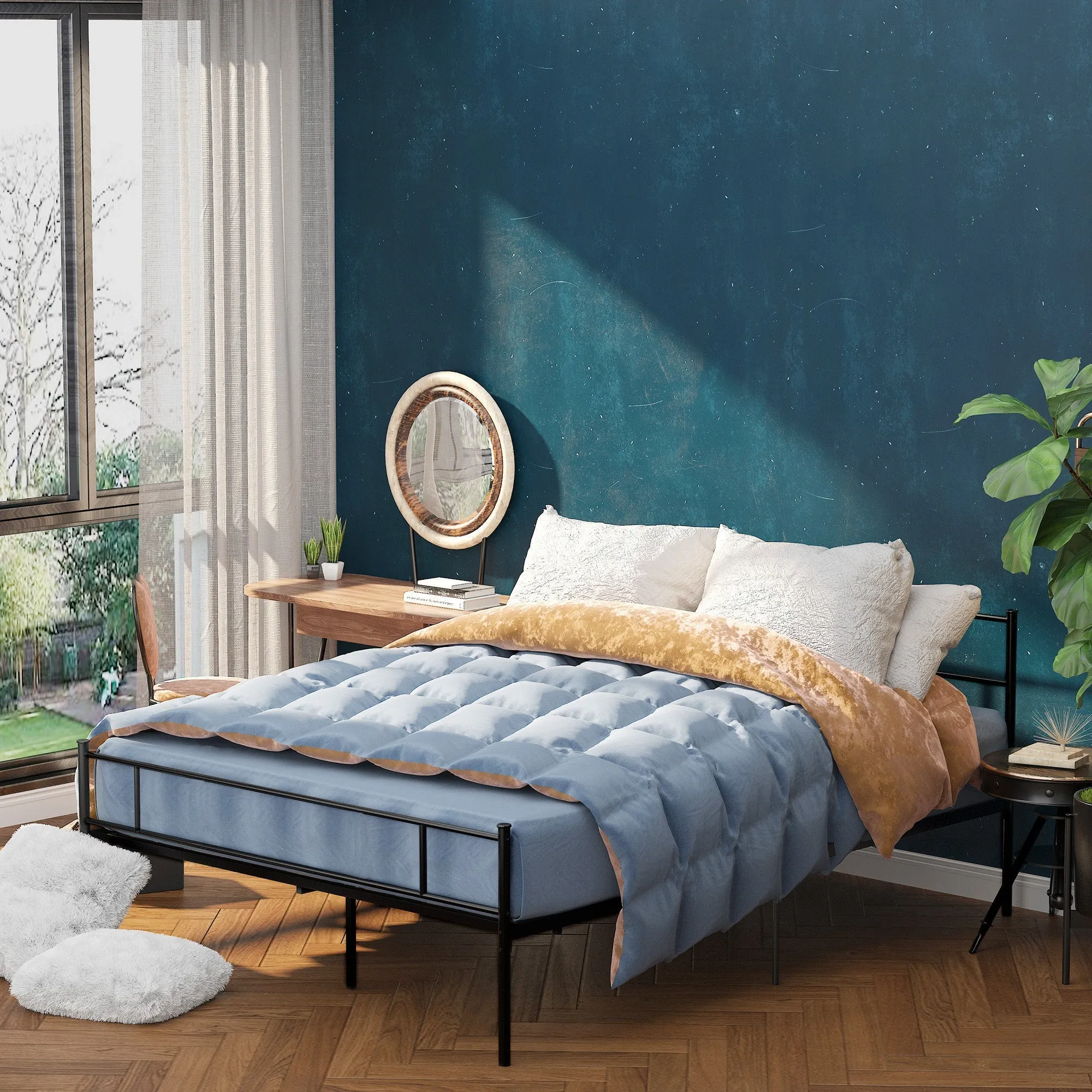 Black Double Bed in Metal/Steel | 160x200cm with Slats, headboard and footboard - Image 2