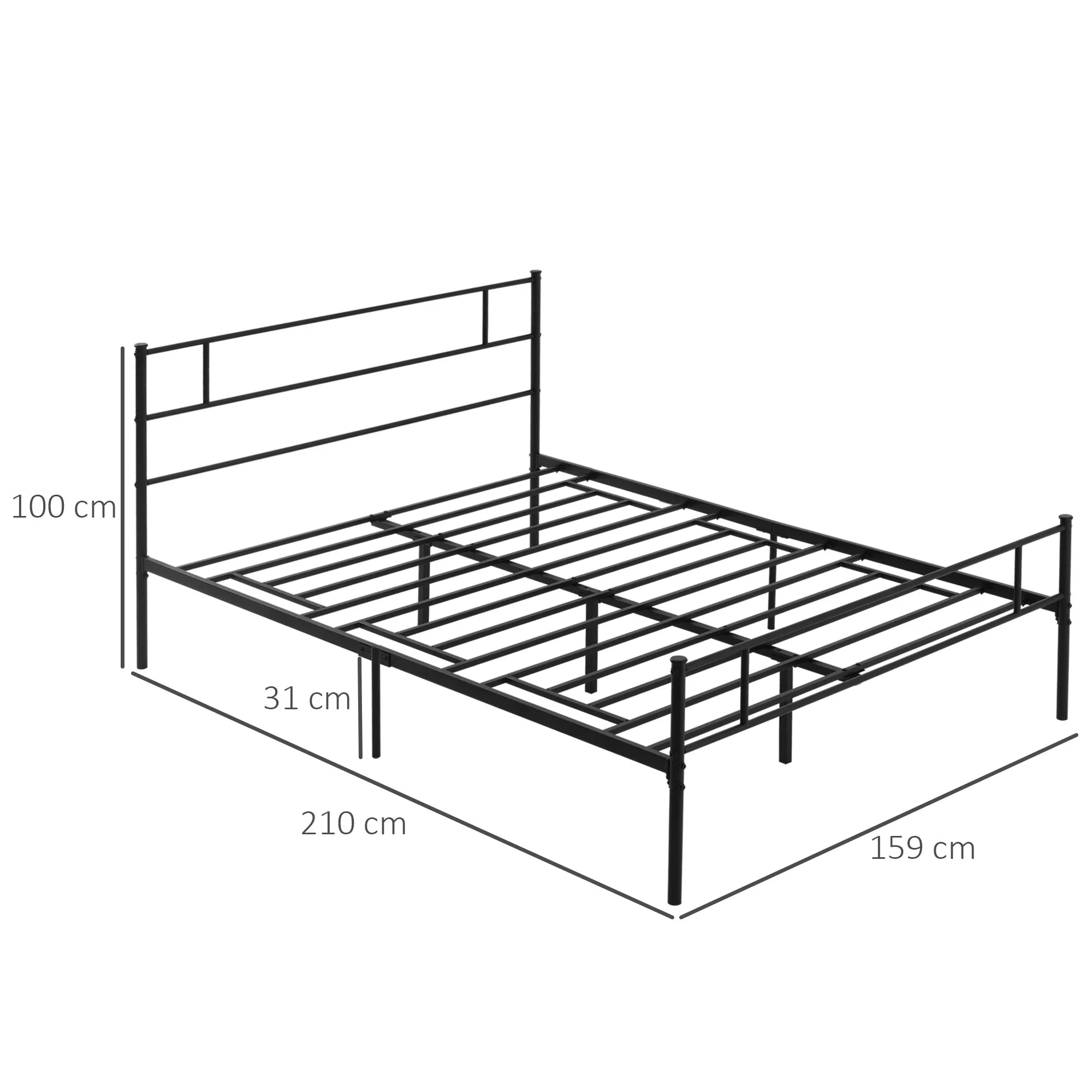 Black Double Bed in Metal/Steel | 160x200cm with Slats, headboard and footboard - Image 3