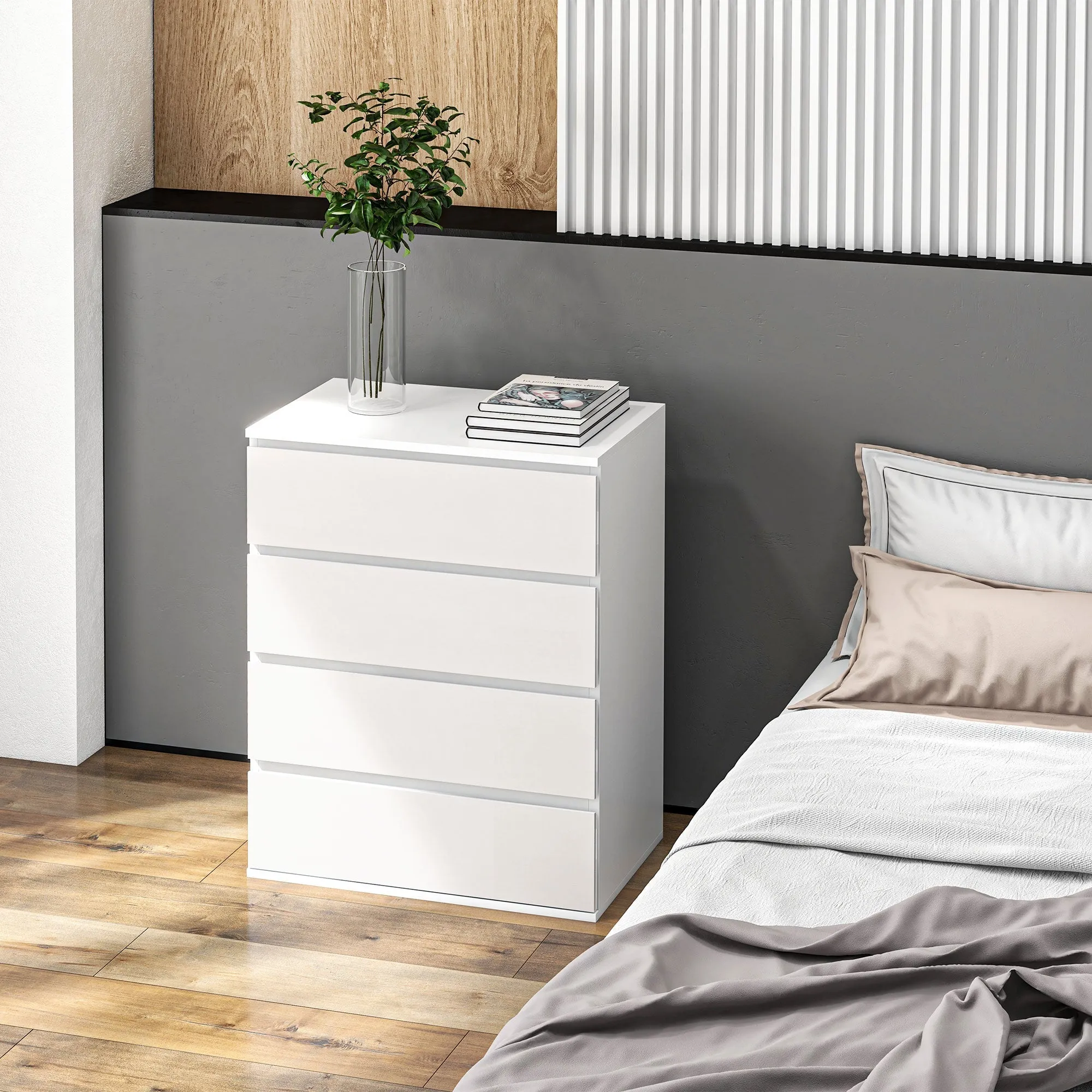 4 Drawer Chest of Drawers in Chipboard with Metal Guides and Grooved Handles, 60x40x80 cm, White - Image 2