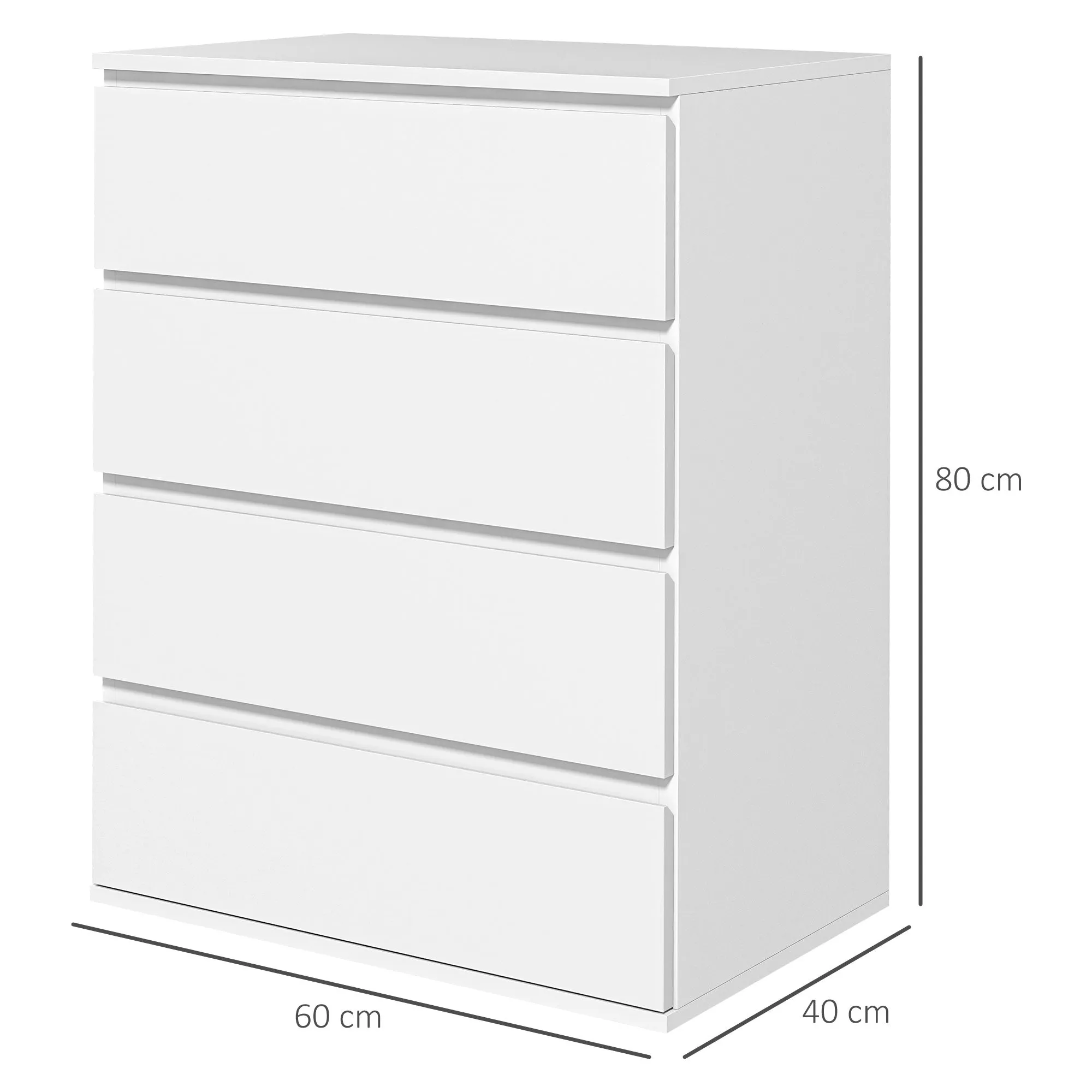 4 Drawer Chest of Drawers in Chipboard with Metal Guides and Grooved Handles, 60x40x80 cm, White - Image 3