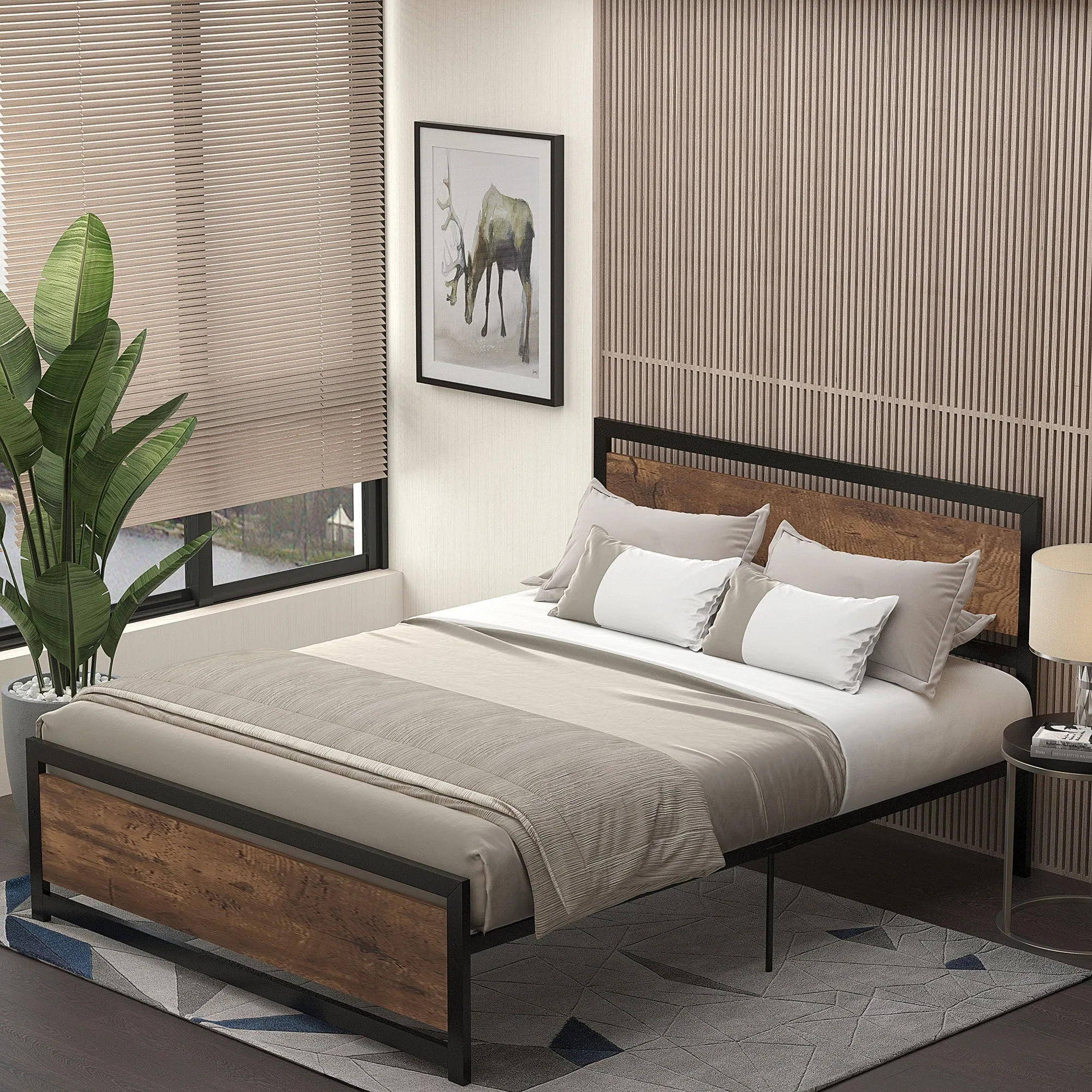 Industrial Style Wooden and Steel Double Bed Frame with Slats, 160x200cm - Image 2
