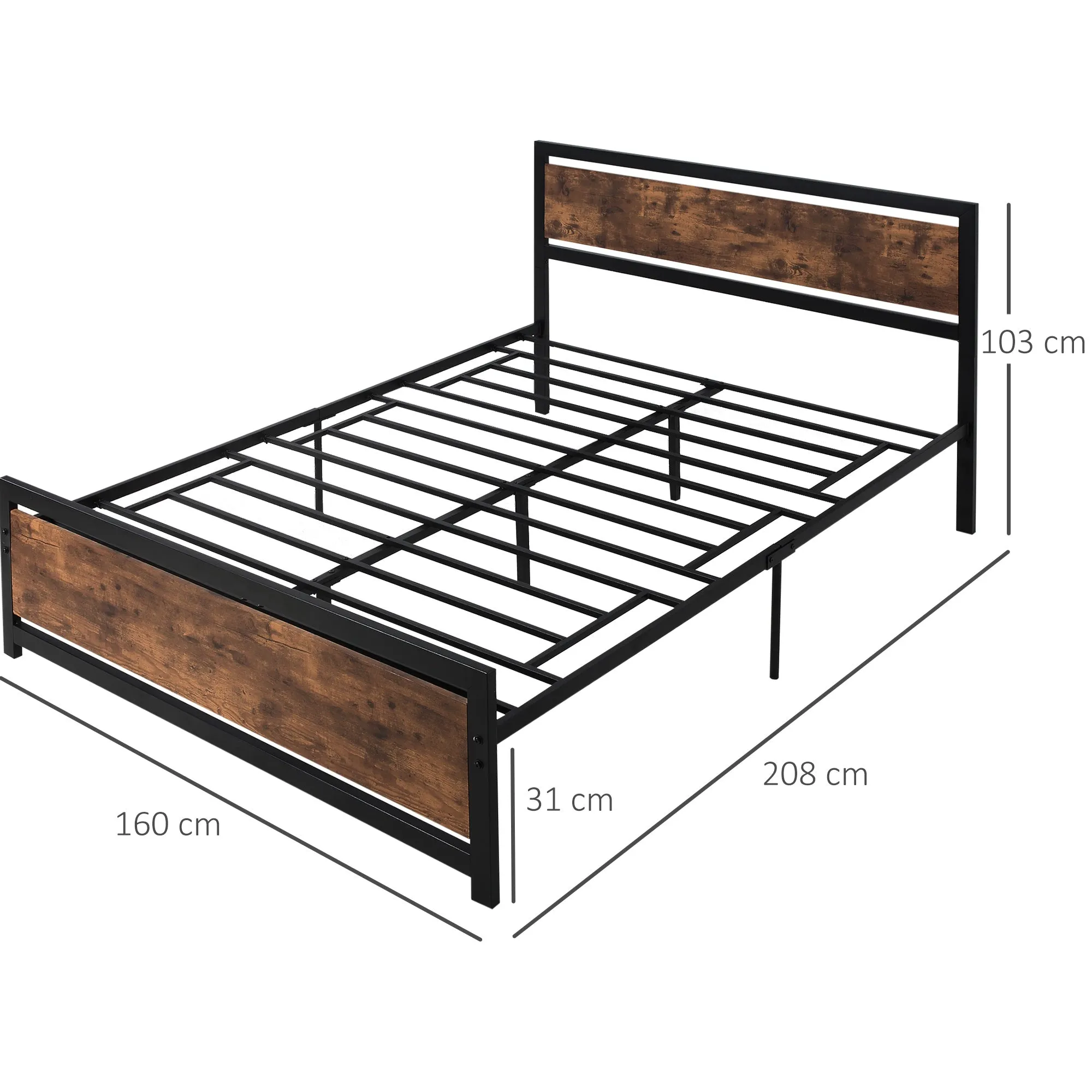 Industrial Style Wooden and Steel Double Bed Frame with Slats, 160x200cm - Image 3