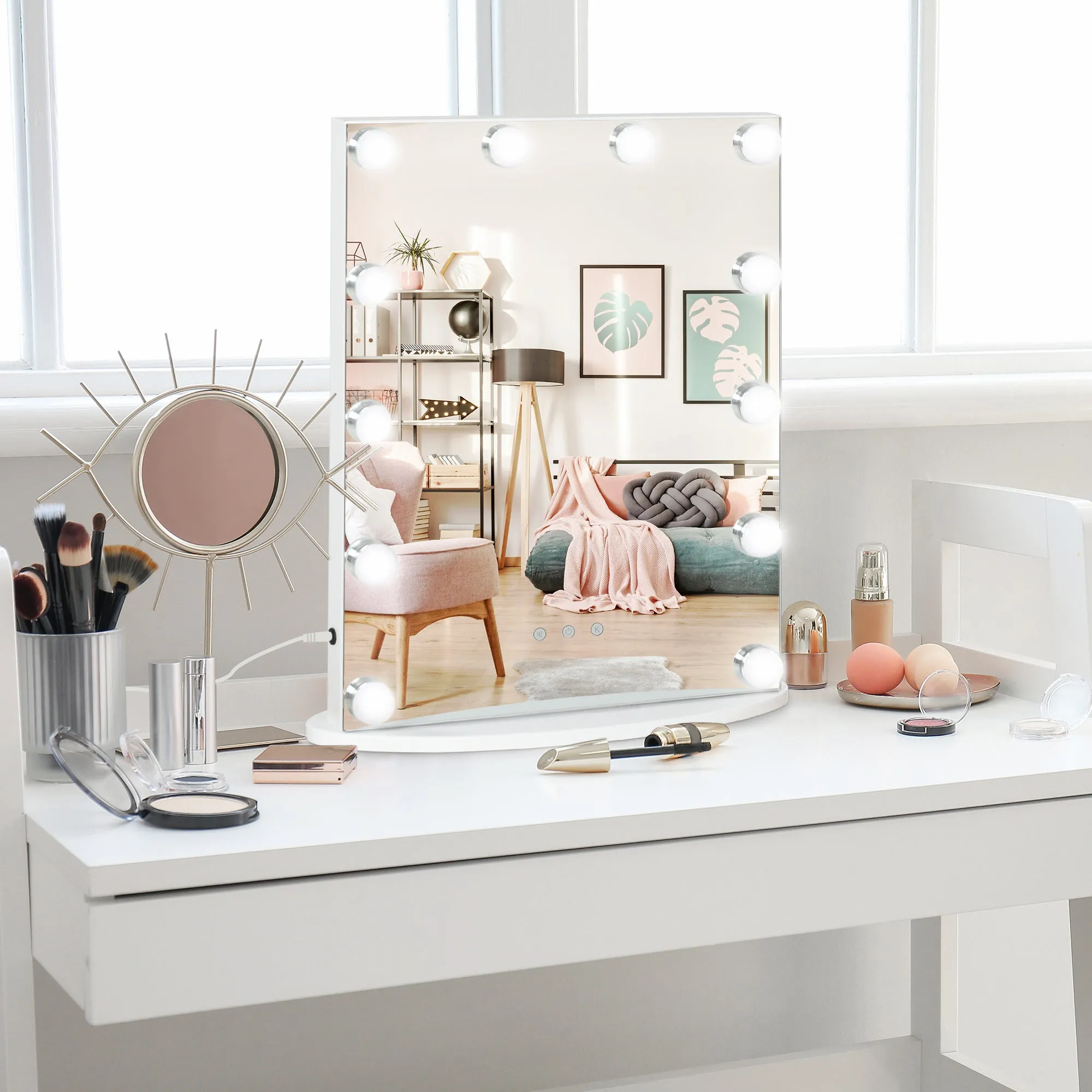 Hollywood Mirror with Lights for Makeup Dressing Table, Lighted Vanity Mirror with 12 Dimmable LED Bulbs and USB Plug in Power Supply, White - Image 2