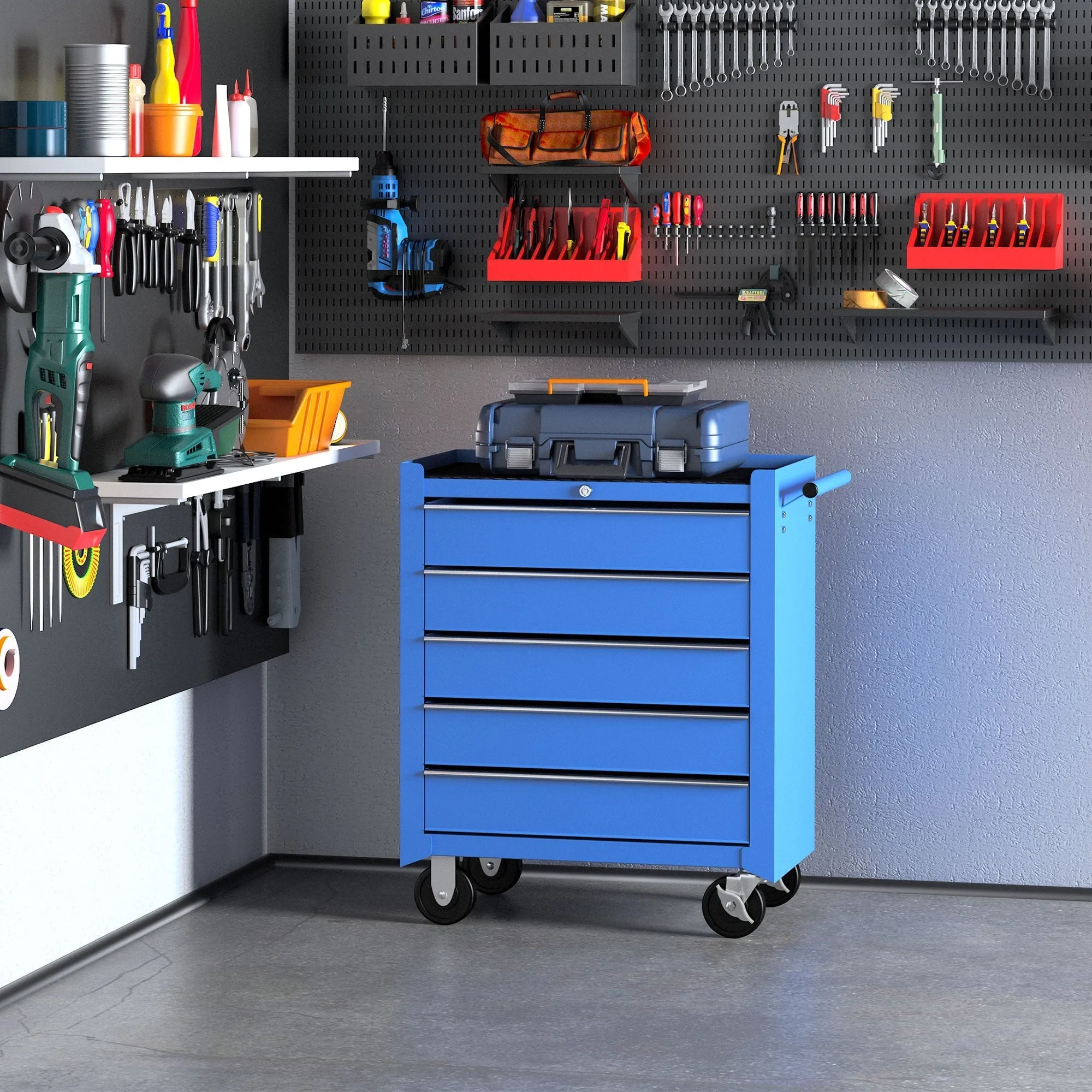 5 Drawer Workshop Trolley with Wheels Metal Blue, 67.5x 33 x 77cm - Image 2